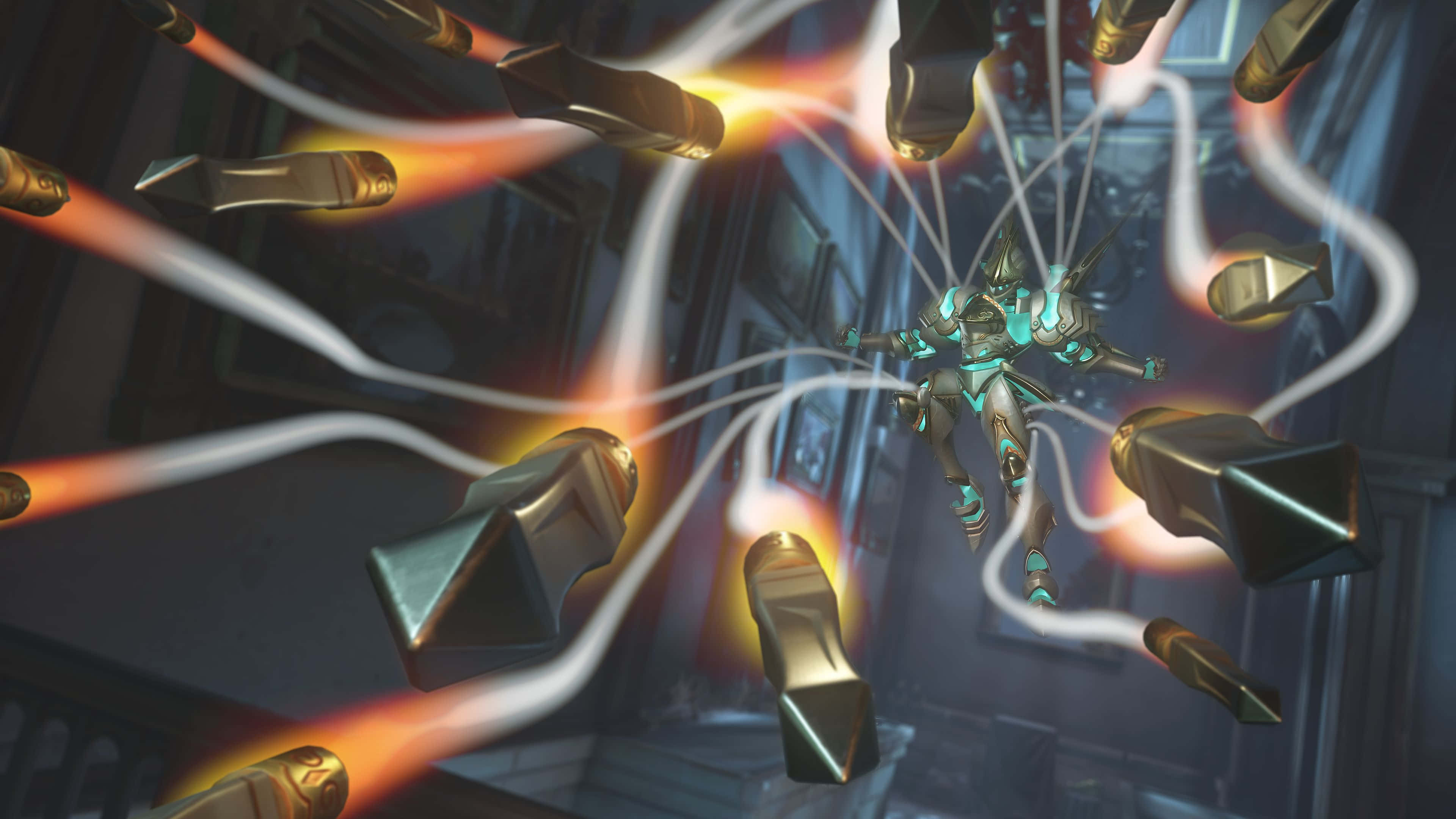 Overwatch Pharah 桌布 壁紙 — 一個發光的裝甲人物在黑暗的未來走廊中懸浮於漂浮的金色彈丸之間。