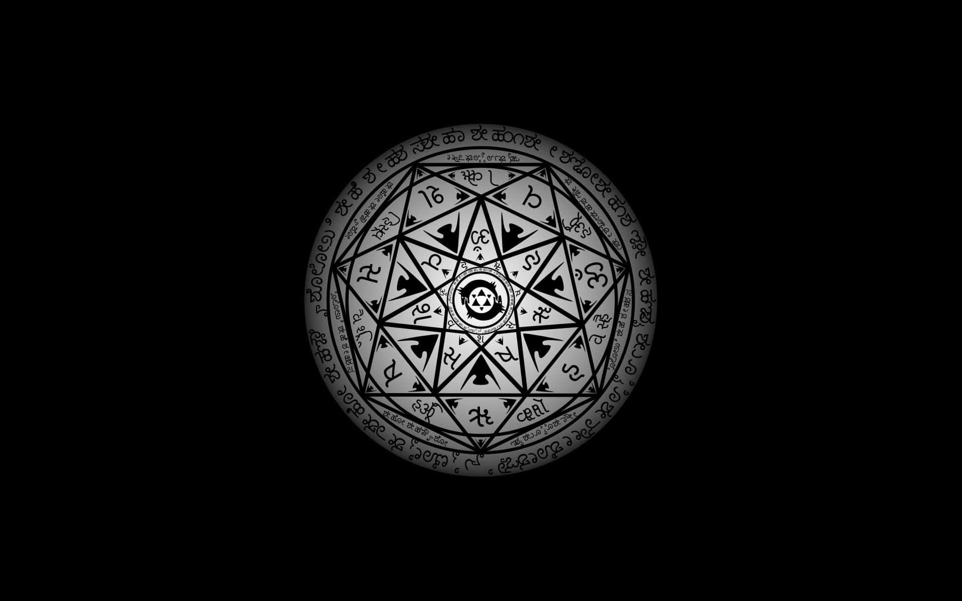 Alchemy 桌布 壁紙 — 一個發光的複雜幾何符號，帶有符文和三角形，從中央的星星向黑色背景輻射。