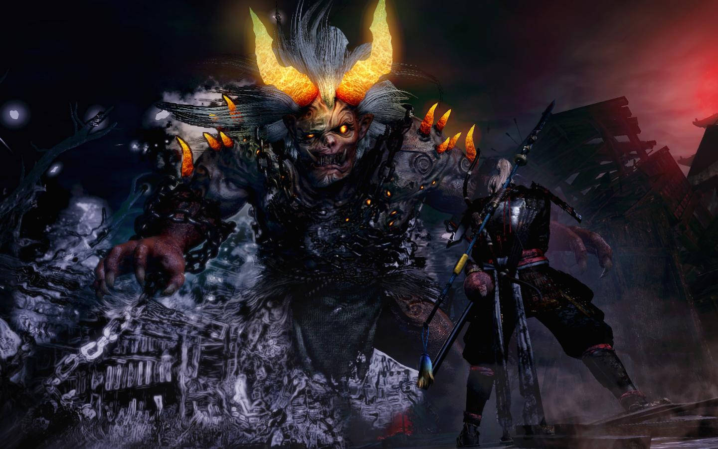 發光角的惡魔武士在廢墟城市中與戰士對峙於黃昏。 — 隻狼：暗影雙死 壁紙