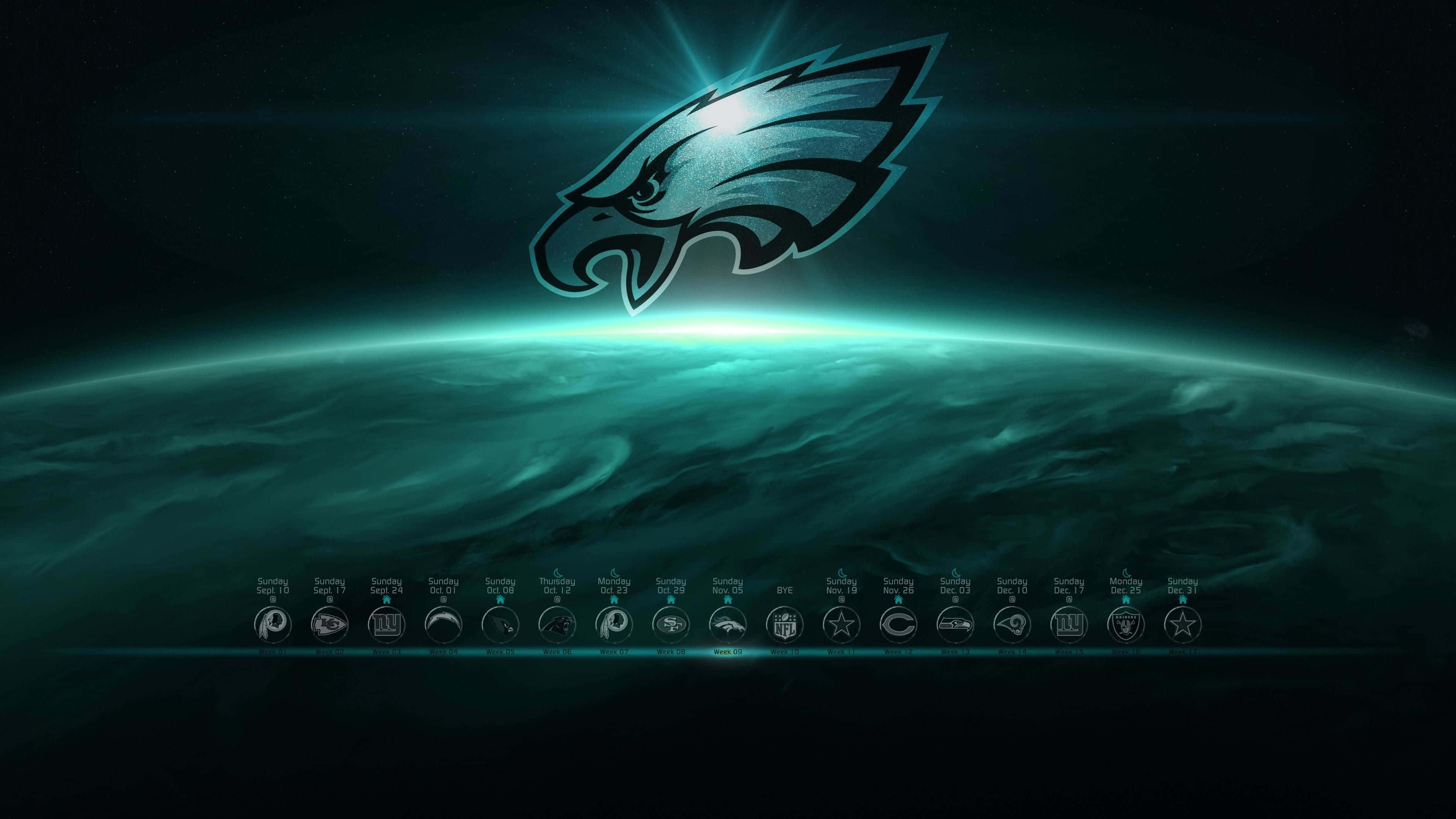 Eagles Football 桌布 壁紙 — 一個發光的費城老鷹隊標誌懸浮在一個帶有旋轉雲層和明亮地平線光芒的藍綠色星球上方。