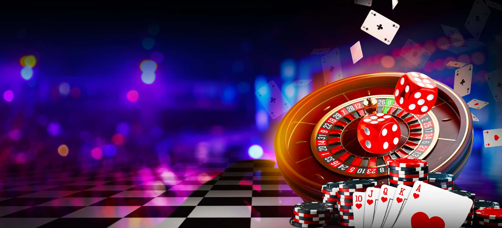 Casino 桌布 壁紙 — 一個發光的賭場輪盤，紅色骰子和撲克牌漂浮在充滿活力的紫色散景背景上。