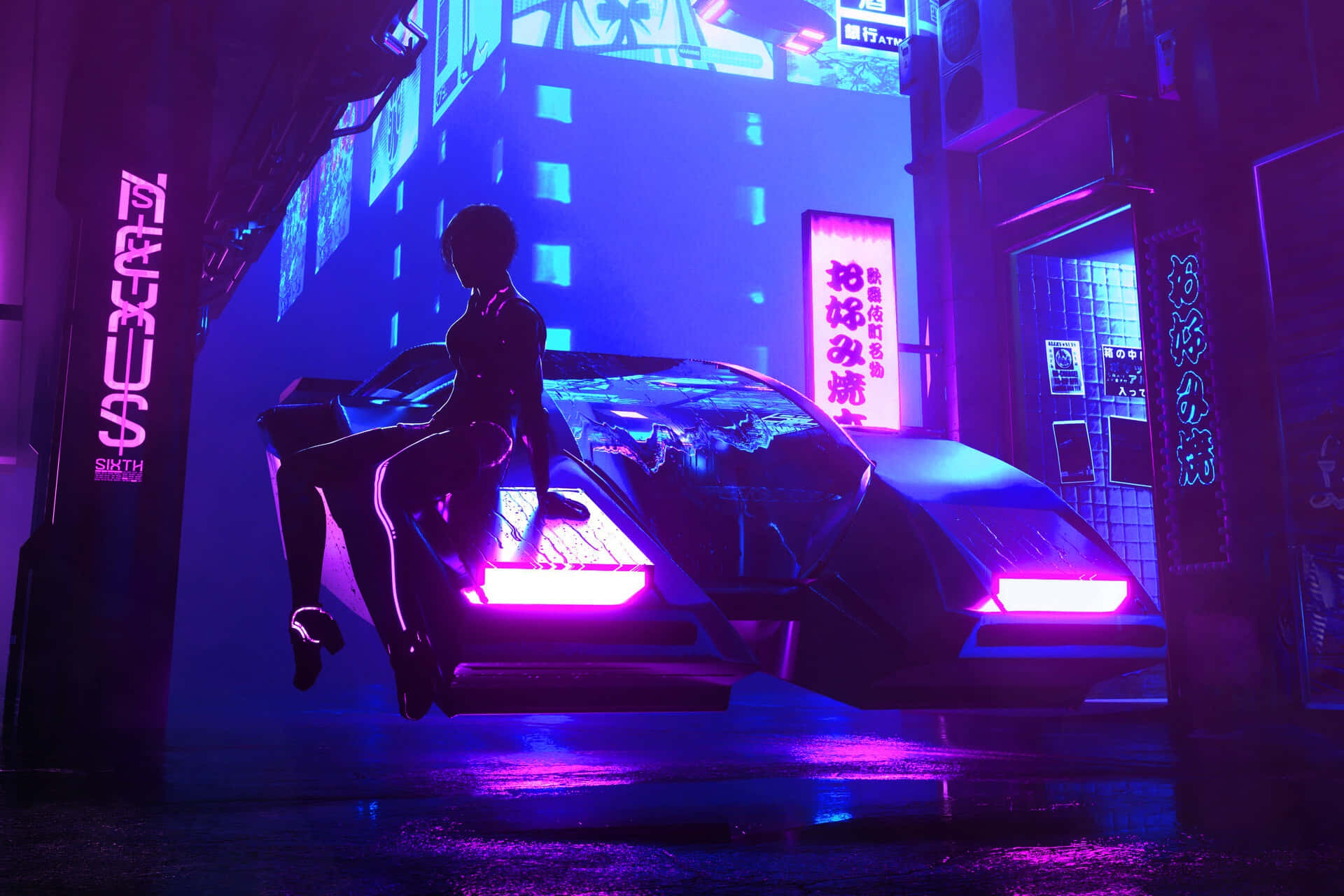 Dark Cyberpunk 桌布 壁紙 — 一個發光的賽博朋克人物坐在一輛未來主義的汽車上，身處霓虹燈閃爍、雨水浸濕的小巷中。