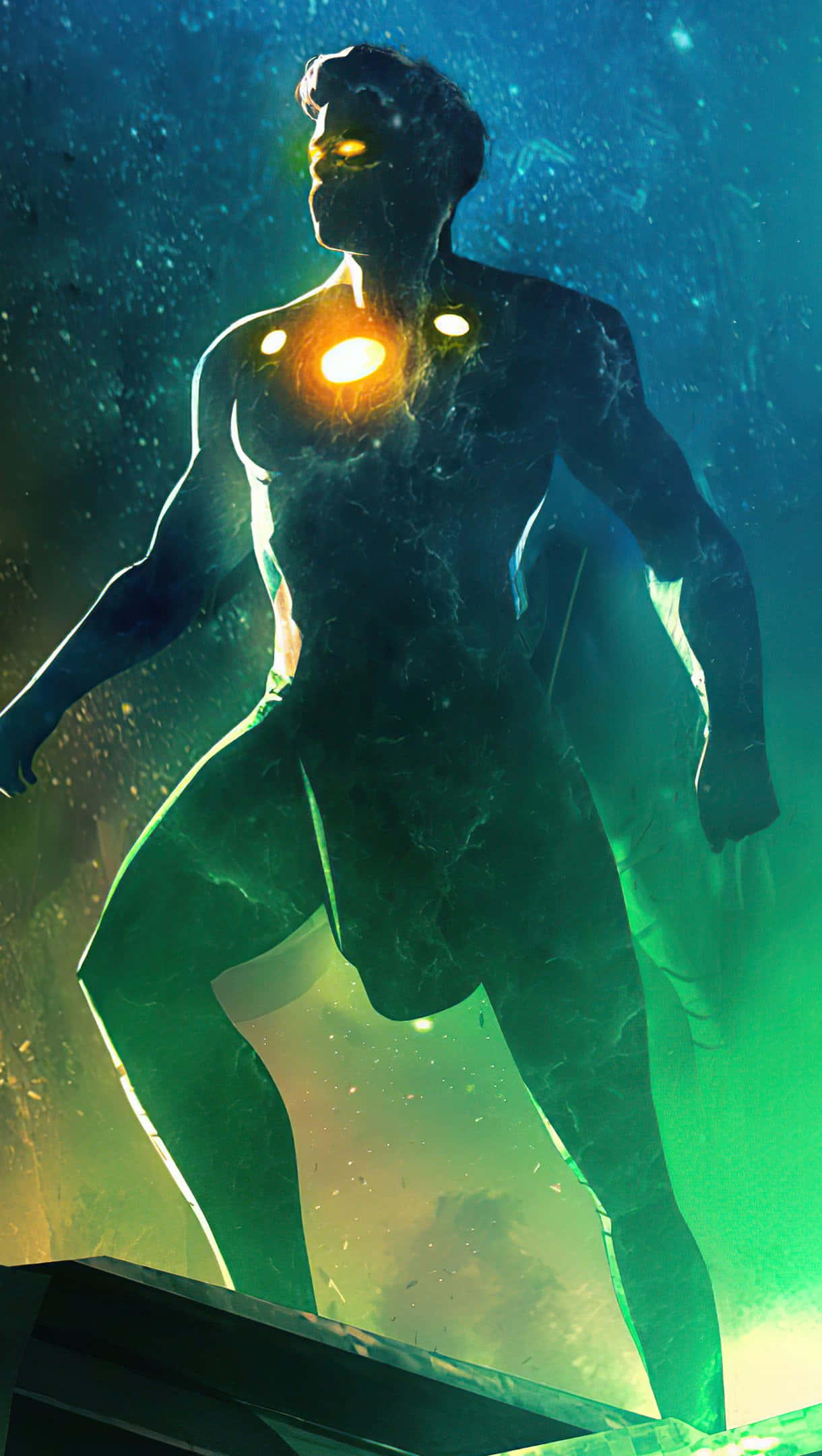 Eternals Movie 桌布 壁紙 — 一個發光的超級英雄人物站在宇宙場景中，散發著明亮的黃色眼睛和胸部光芒，背景是藍綠色星雲。