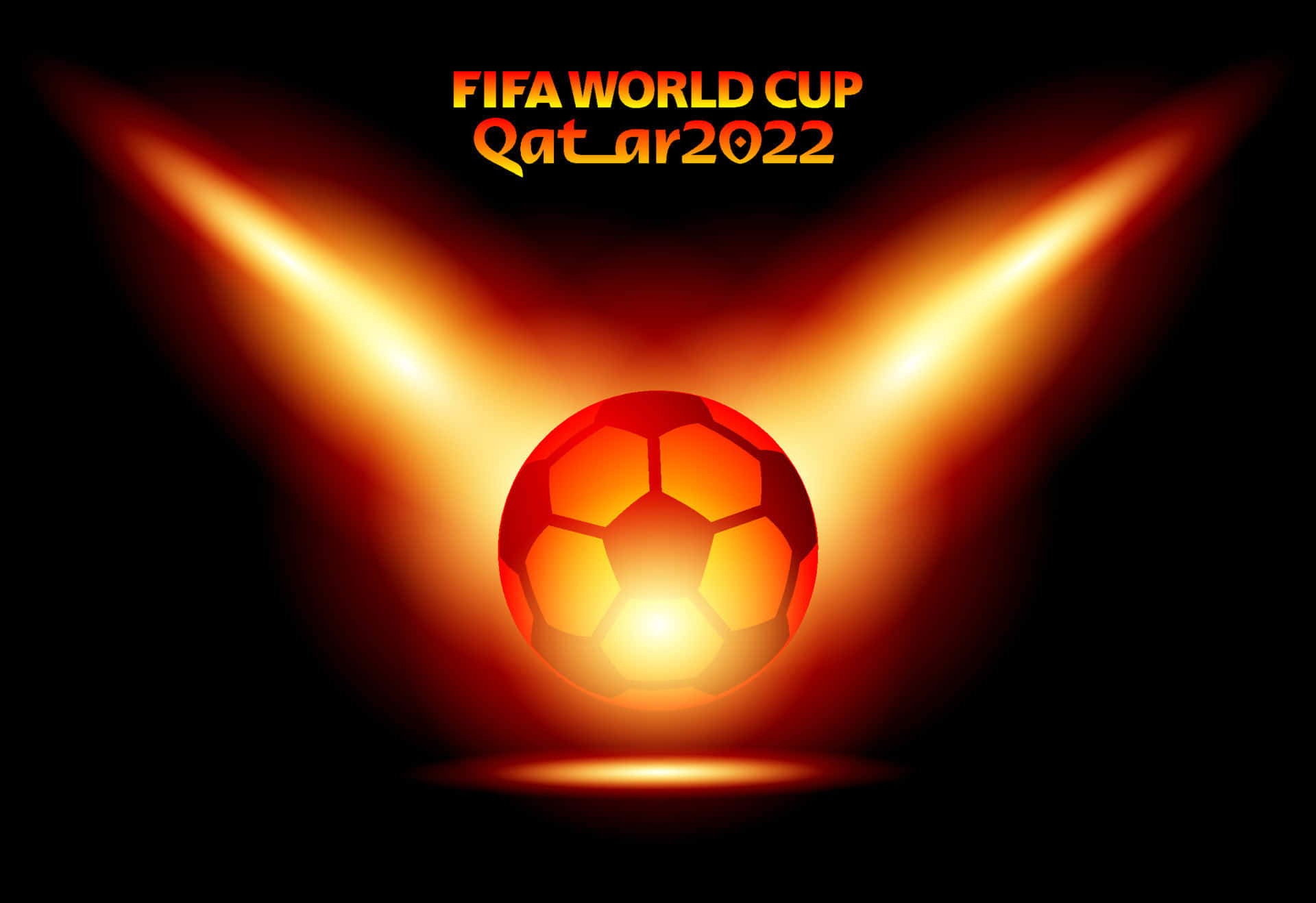 fifa 桌布 壁紙 — 一個發光的足球在黑色背景上散發出火熱的橙色光芒，上方有「FIFA WORLD CUP Qatar2022」文字。