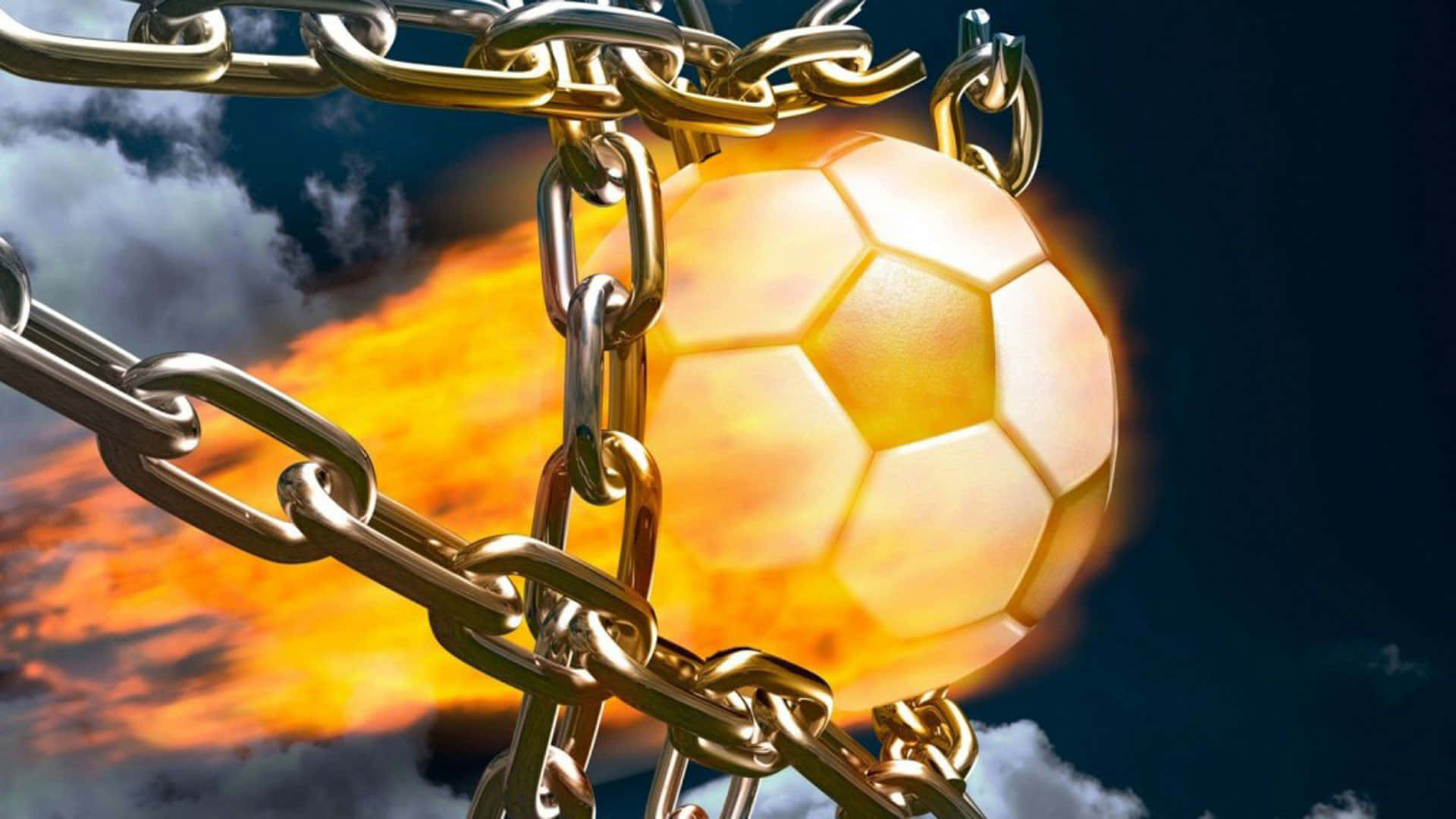 Athletic 桌布 壁紙 — 一個發光的足球衝破金色鎖鏈，背景是帶有烏雲的火紅天空。