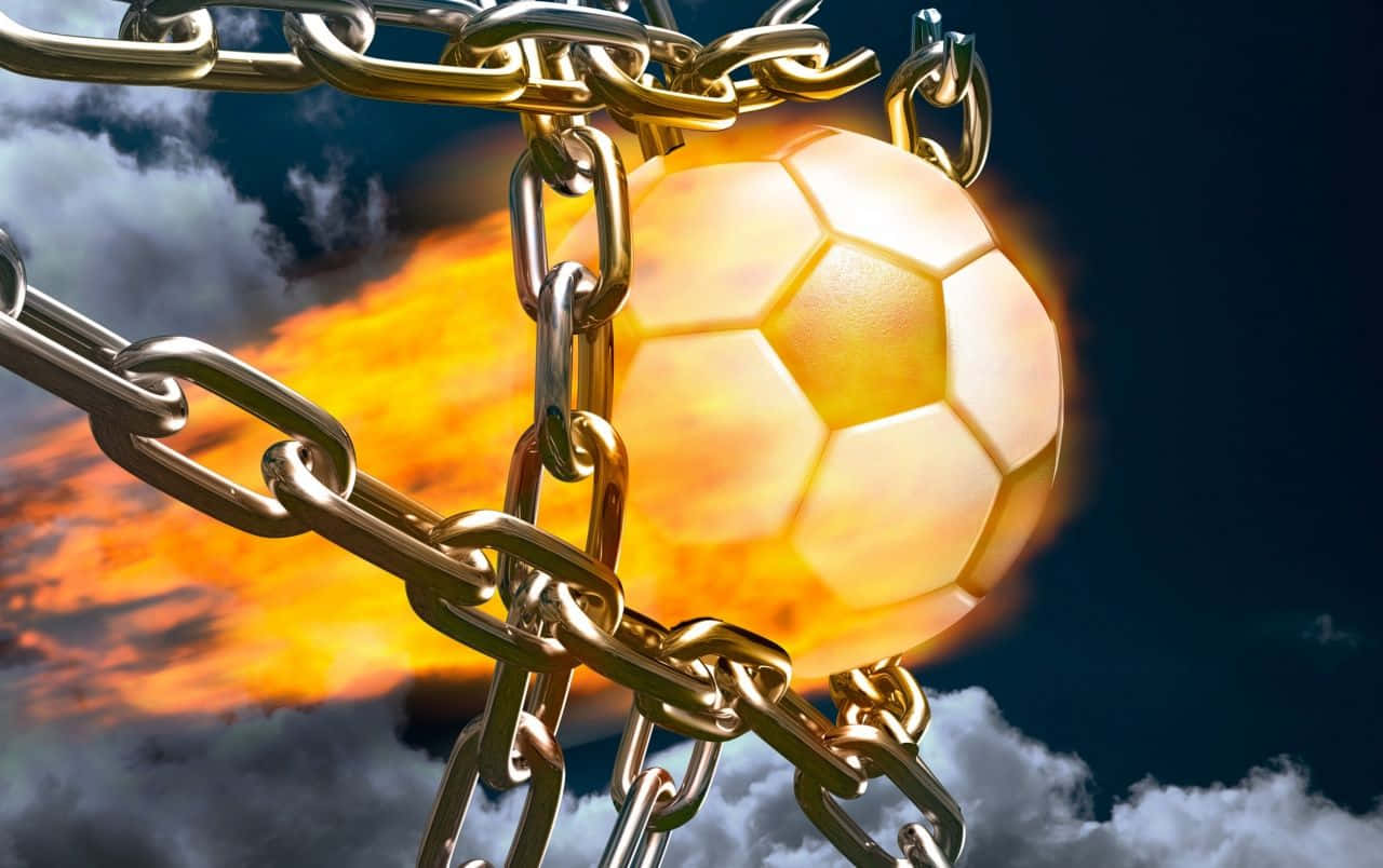 Football On Fire 桌布 壁紙 — 一個發光的足球衝破金色鎖鏈，背景是帶有戲劇性雲彩的熾熱日落天空。