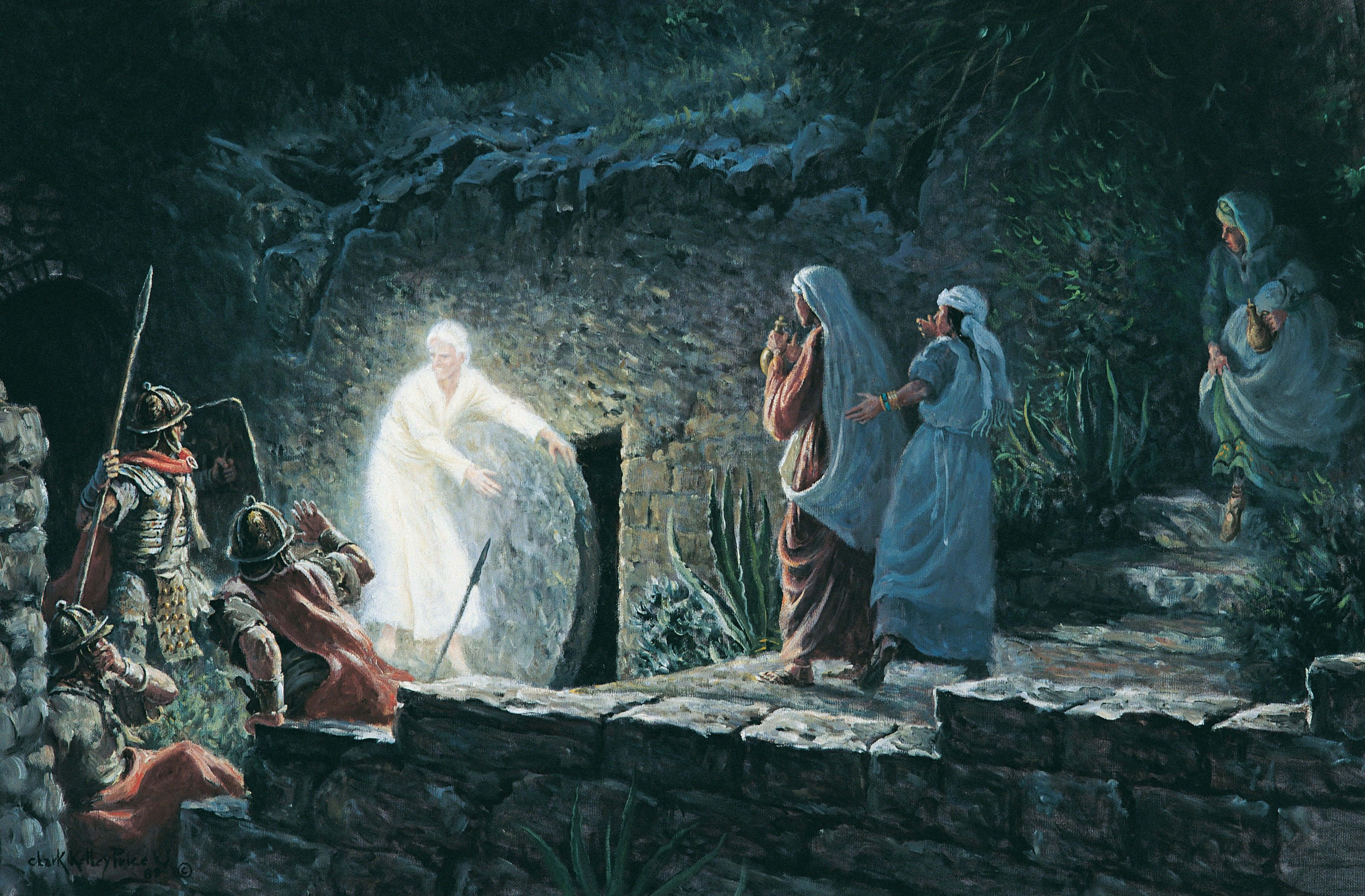 Empty Tomb 桌布 壁紙 — 一個發光的身影從石墓中出現，羅馬士兵和哀傷的婦女在陰暗的森林空地目睹復活。