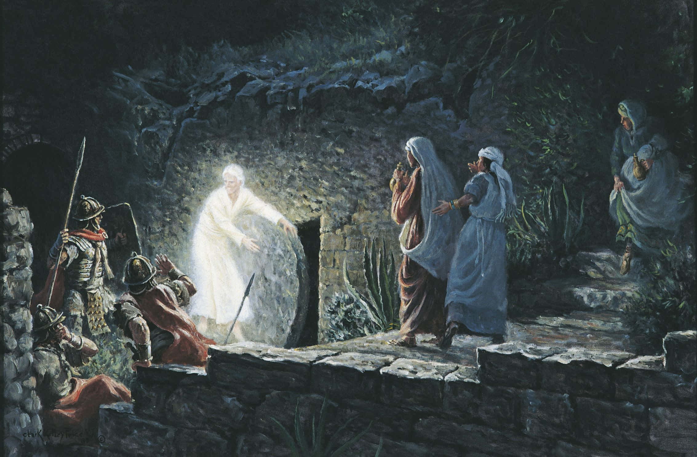 Empty Tomb 桌布 壁紙 — 一個發光的身影從石墓中出現，身穿長袍的女子和士兵在黑暗的岩石環境中目睹復活。