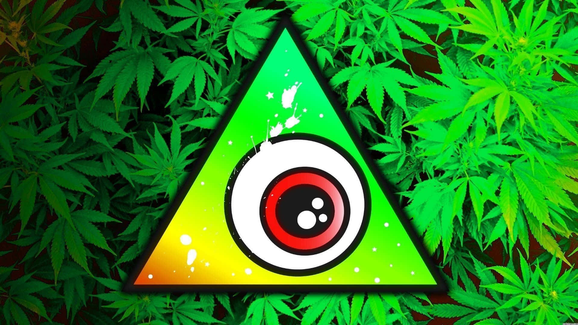 迷幻 桌布 壁紙 — 一個發光的迷幻眼睛符號，位於漸變三角形內，周圍環繞著茂盛的綠色大麻葉。