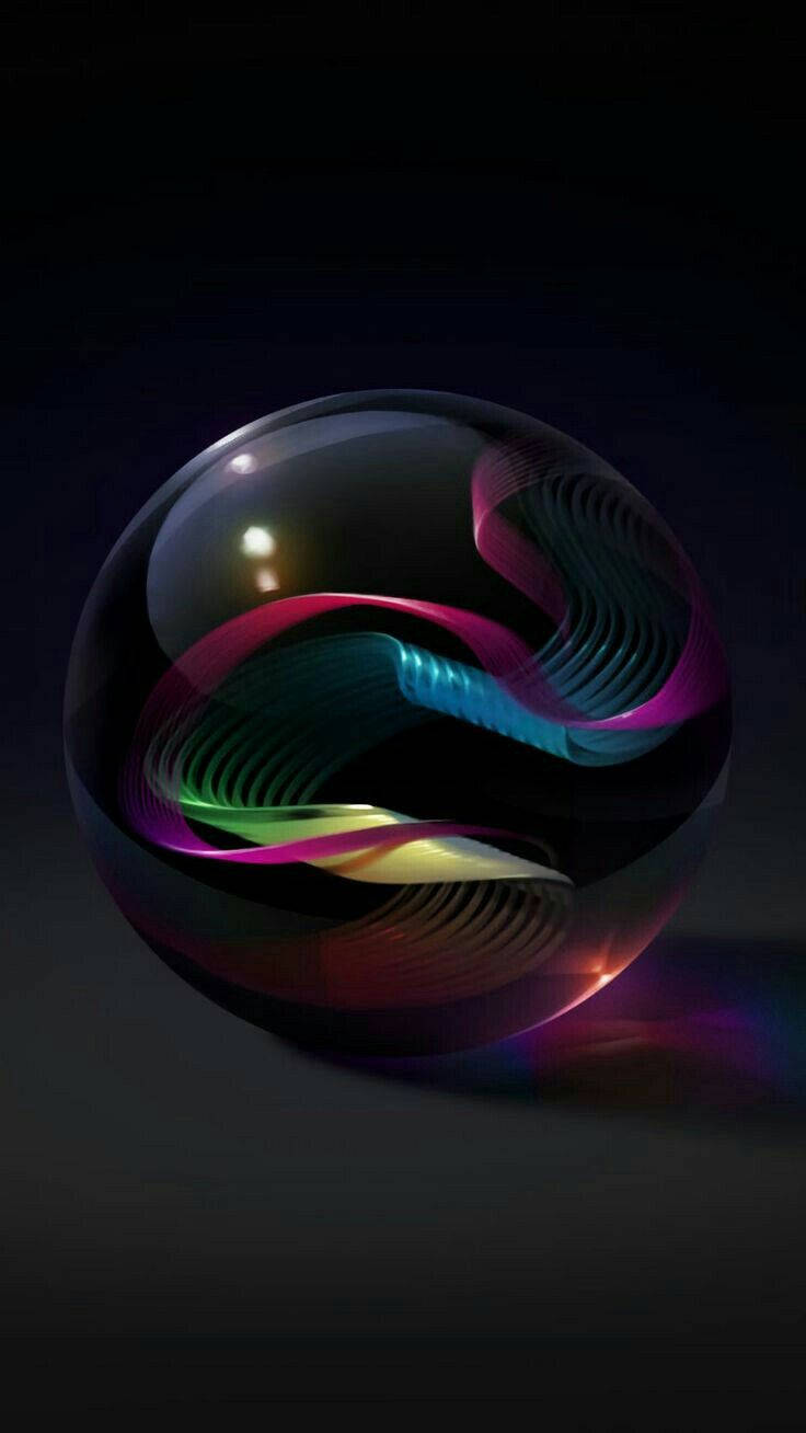 3D 桌布 壁紙 — 一個發光的透明球體包含在深色背景上旋轉的鮮豔彩虹色絲帶。