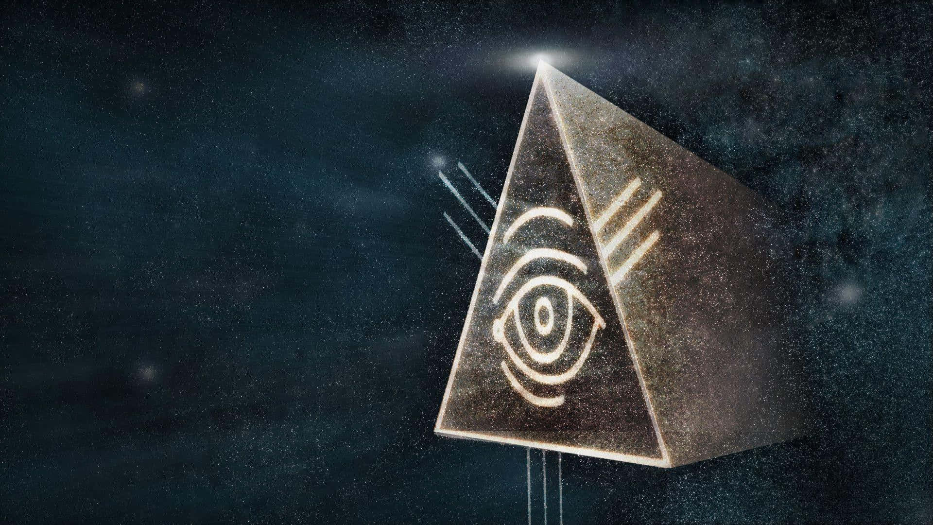 illuminati 桌布 壁紙 — 一個發光的金字塔，帶有全視之眼符號，漂浮在繁星點點的宇宙虛空中，發出耀眼的光芒。