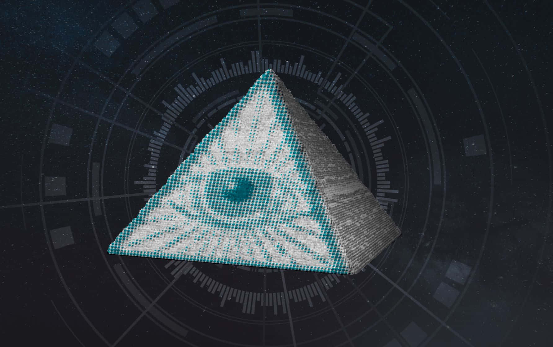 illuminati 桌布 壁紙 — 一個發光的金字塔，帶有全視之眼符號，漂浮在星光閃爍的數位介面背景上。