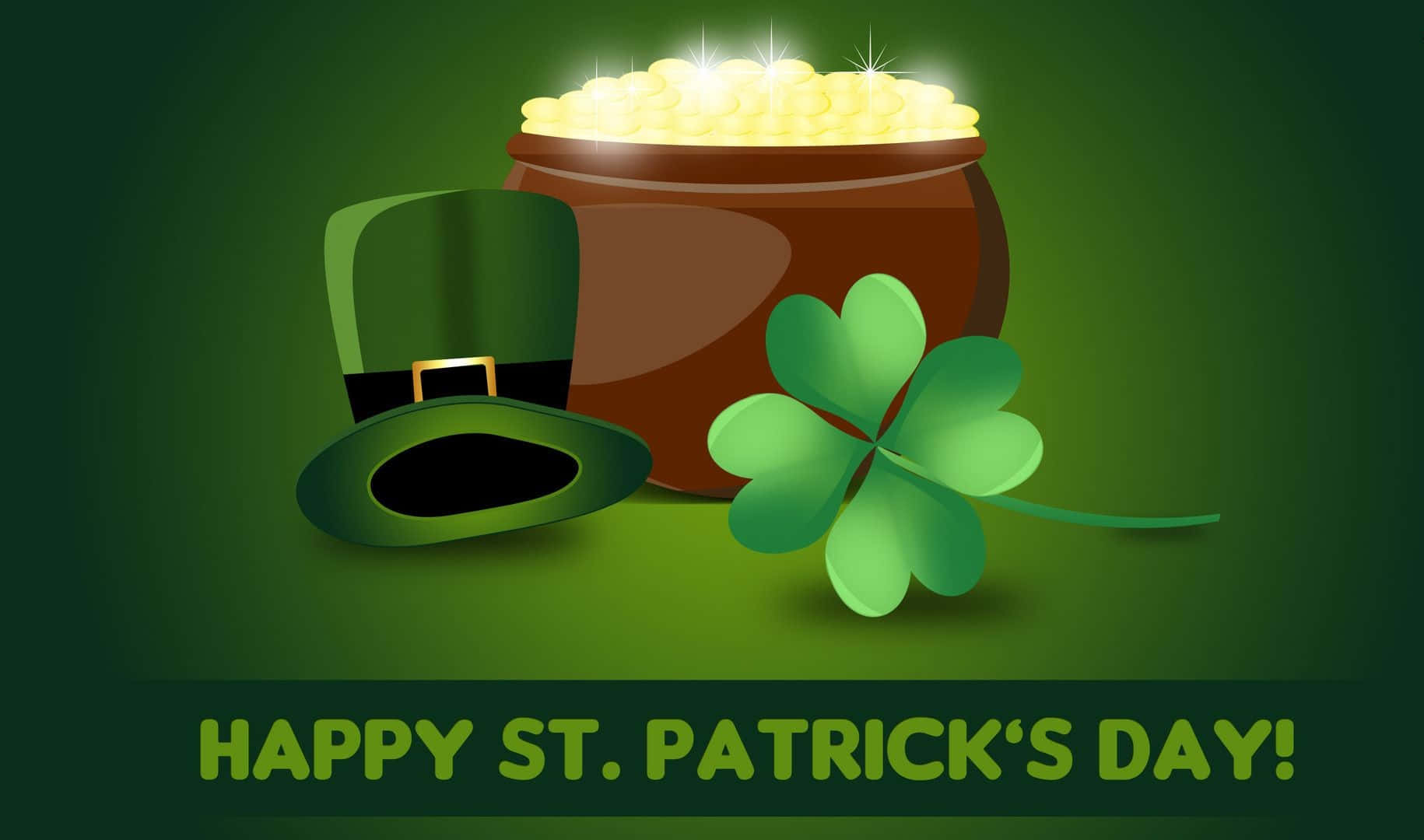 Saint Patricks Day 桌布 壁紙 — 一個發光的金幣鍋放在一頂小妖精帽子和四葉草旁邊，背景是深綠色漸變。