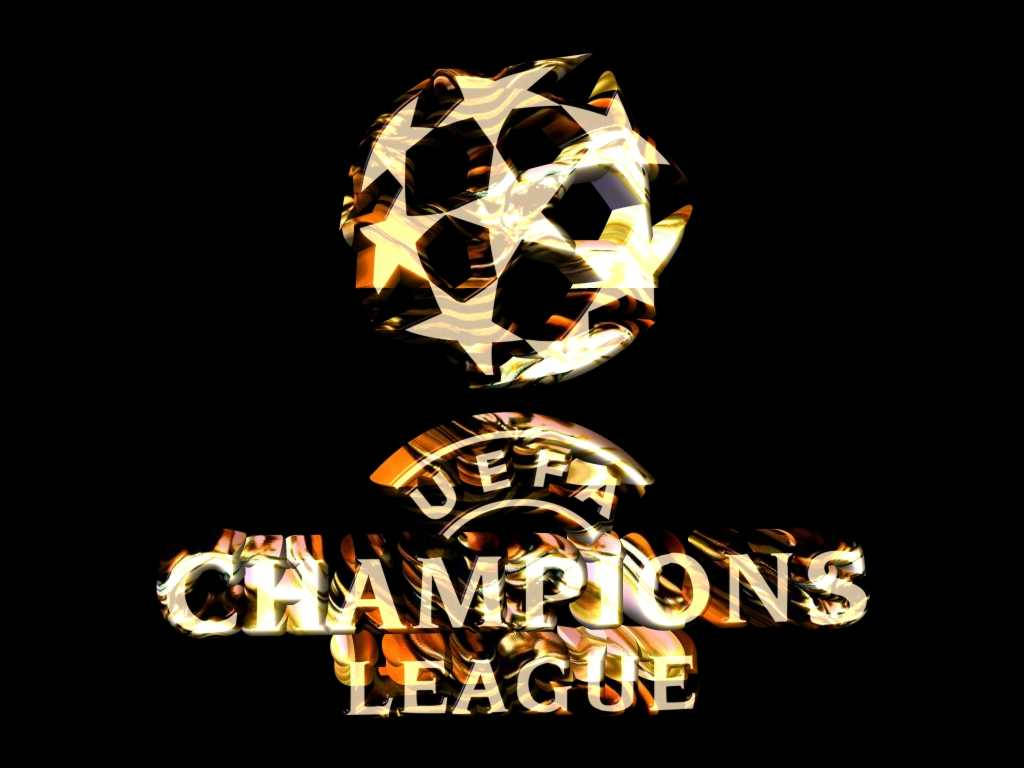Champions League 桌布 壁紙 — 一個發光的金色 UEFA 歐冠聯賽標誌，上面有一個多面足球，下方是火焰般的文字，背景為黑色。