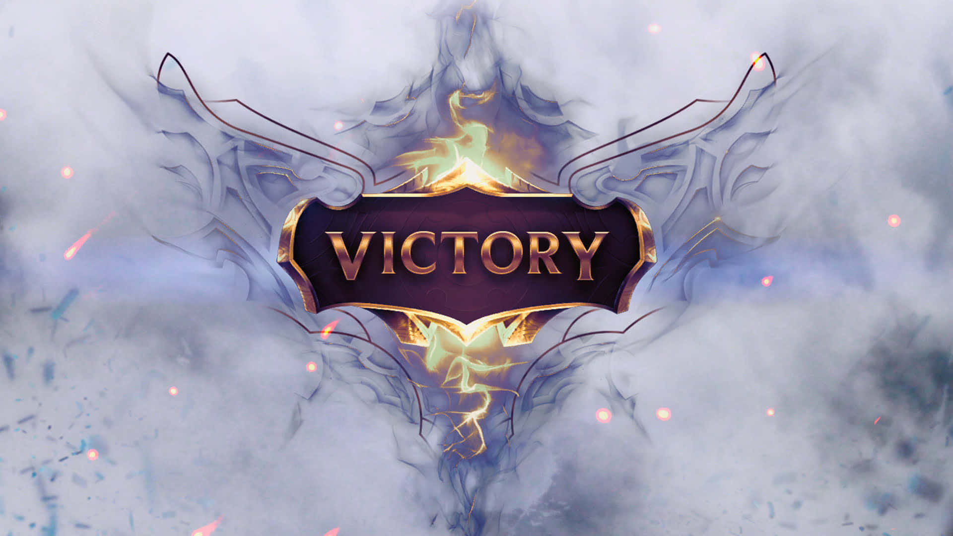 1920x1080 League Of Legends 桌布 壁紙 — 一個發光的金色「VICTORY」標誌從旋轉的迷霧中爆發，帶有火花和華麗的翅膀。