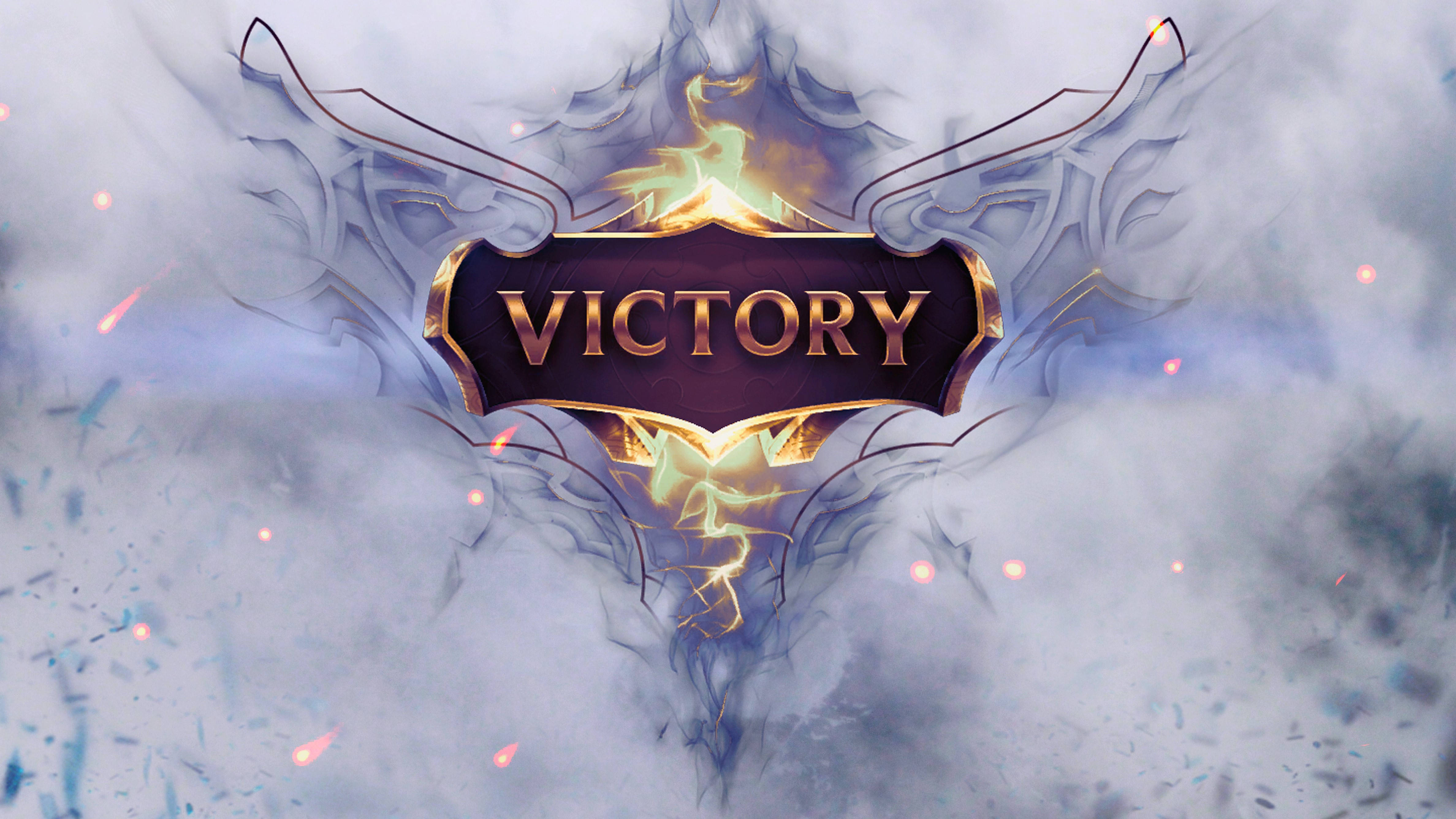 game 桌布 壁紙 — 一個發光的金色「VICTORY」標誌從旋轉的迷霧中噴湧而出，伴隨著火花和華麗的翅膀。