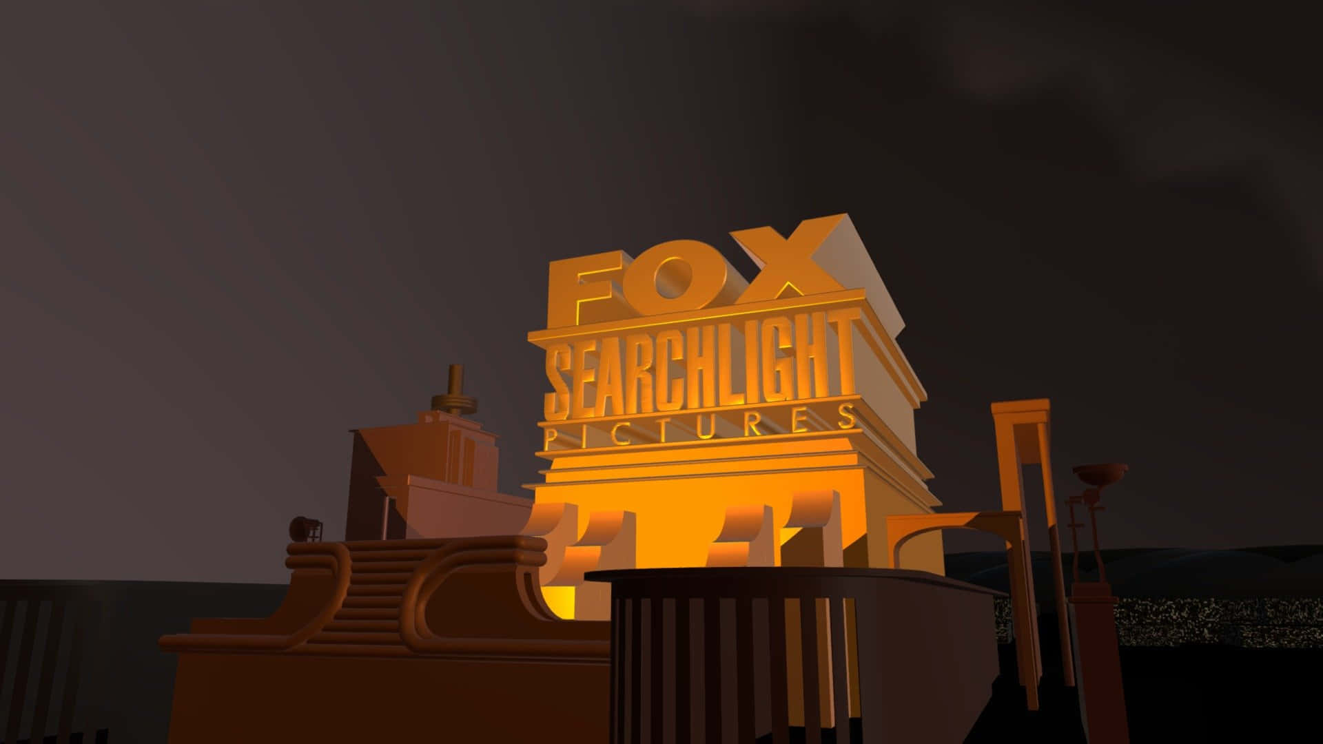 Searchlight 桌布 壁紙 — 一個發光的金色Fox Searchlight Pictures標誌在戲劇性燈光下，於漆黑的夜空中閃耀。