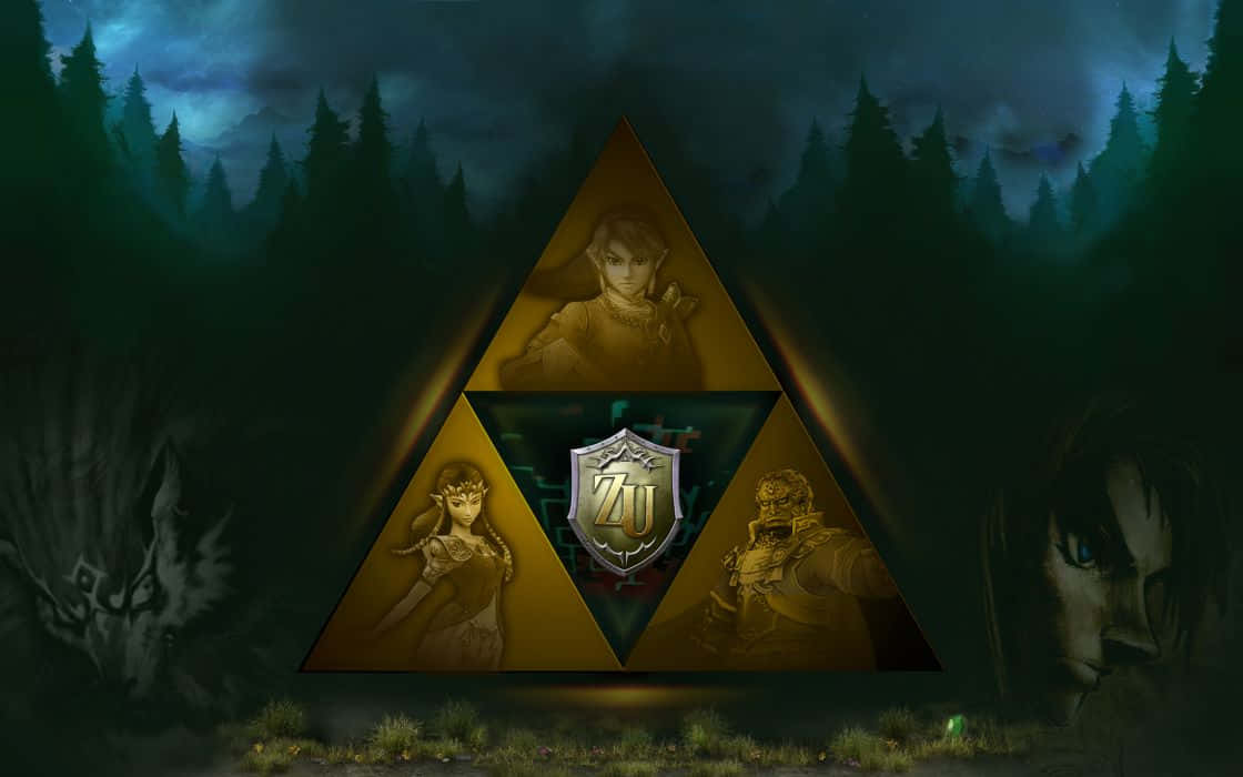 triforce 桌布 壁紙 — 一個發光的金色三角力量標誌，中心有三個英雄人物和一個盾牌，背景是暴風雨夜空下的黑暗神秘森林。