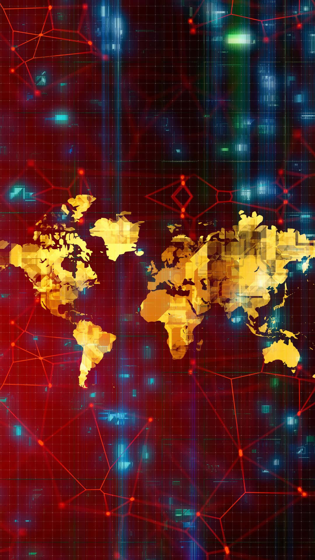 Map 桌布 壁紙 — 一個發光的金色世界地圖在紅色和藍色數位連接及發光節點的暗網格上脈動。