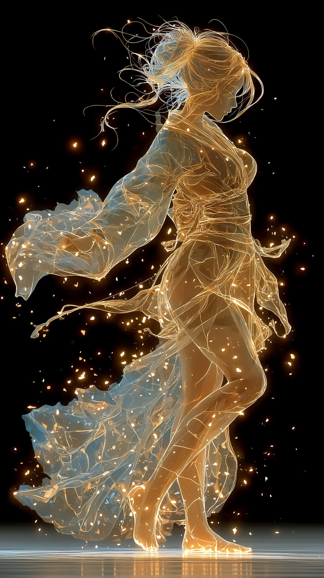 Ethereal Japanese Anime Girl Embodied by Swirling Golden Light 壁紙 — 一個發光的金色人物穿著飄逸的長袍，在黑色虛空中跳舞，閃爍的粒子在她周圍旋轉。
