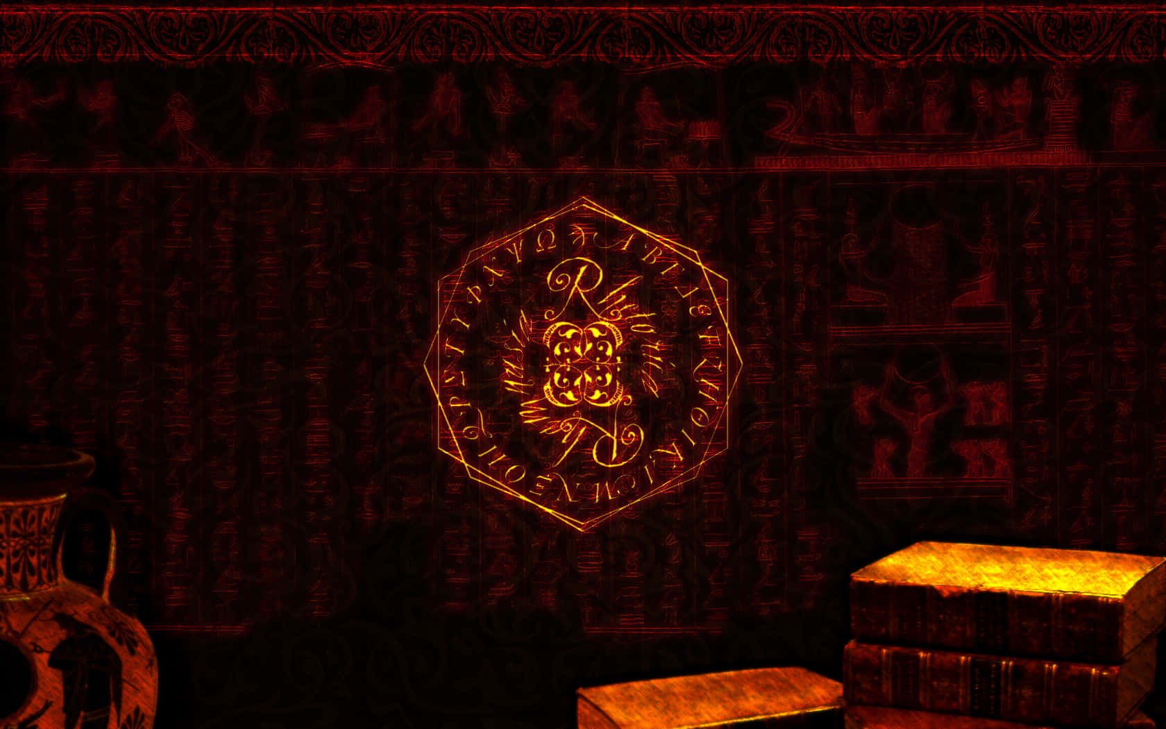 Occult 桌布 壁紙 — 一個發光的金色八角形符印，帶有複雜的符文和中央風格化的「R」，照亮了堆疊的書籍和花瓶上方黑暗華麗的牆壁。