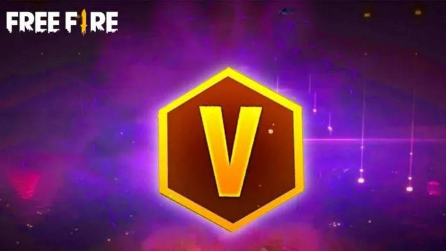 free fire banner 桌布 壁紙 — 一個發光的金色六邊形帶有醒目的V標誌，在充滿浮動粒子和光線條的充滿活力的紫色宇宙背景中散發光芒。