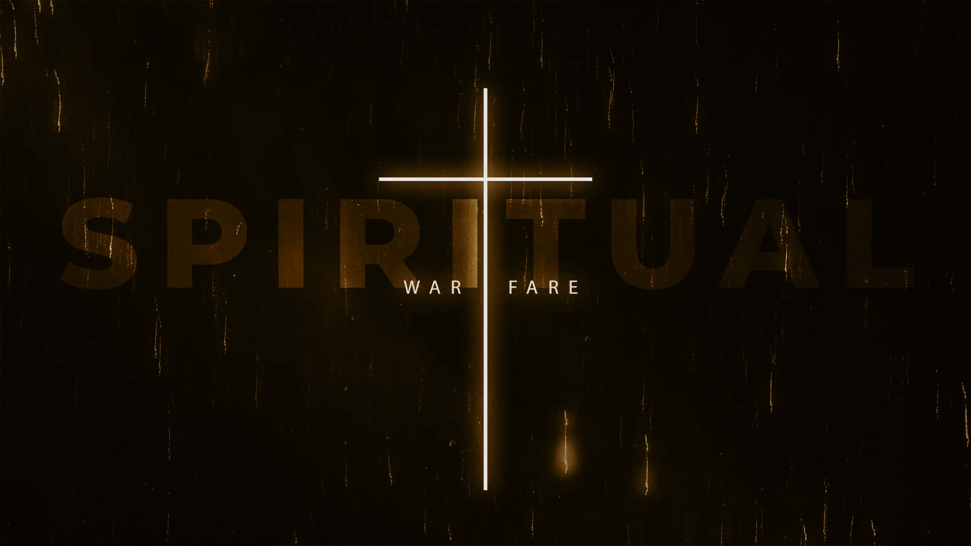 桌布 壁紙 — 一個發光的金色十字架和文字 spiritual war fare 在黑暗多雨的背景下與光線條紋脫穎而出。