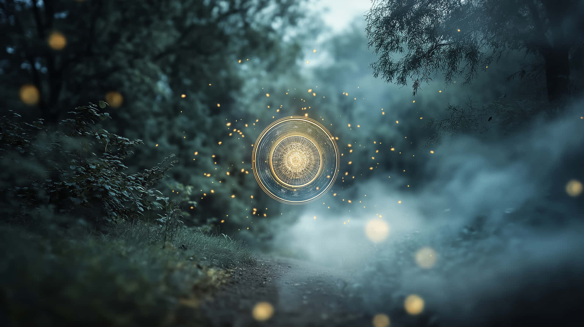 Enchanted Portal in a Misty Forest Pathway 壁紙 — 一個發光的金色圓形傳送門，帶有複雜圖案，懸浮在迷霧森林中，散發出火花和光芒。