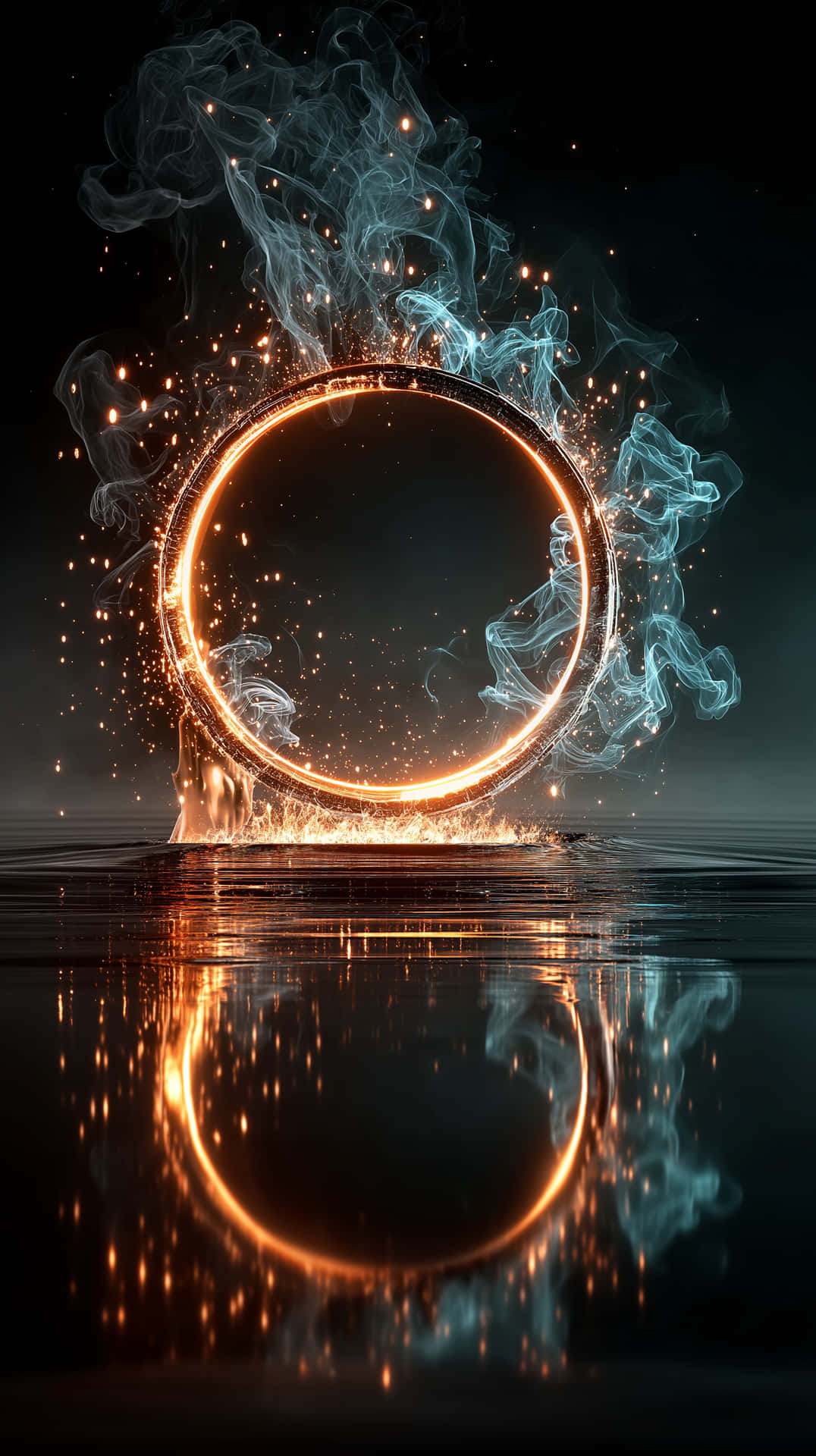 Cosmic Gateway 壁紙 — 一個發光的金色圓環從水中噴出，伴隨著藍色煙霧和火花，形成鏡面反射。