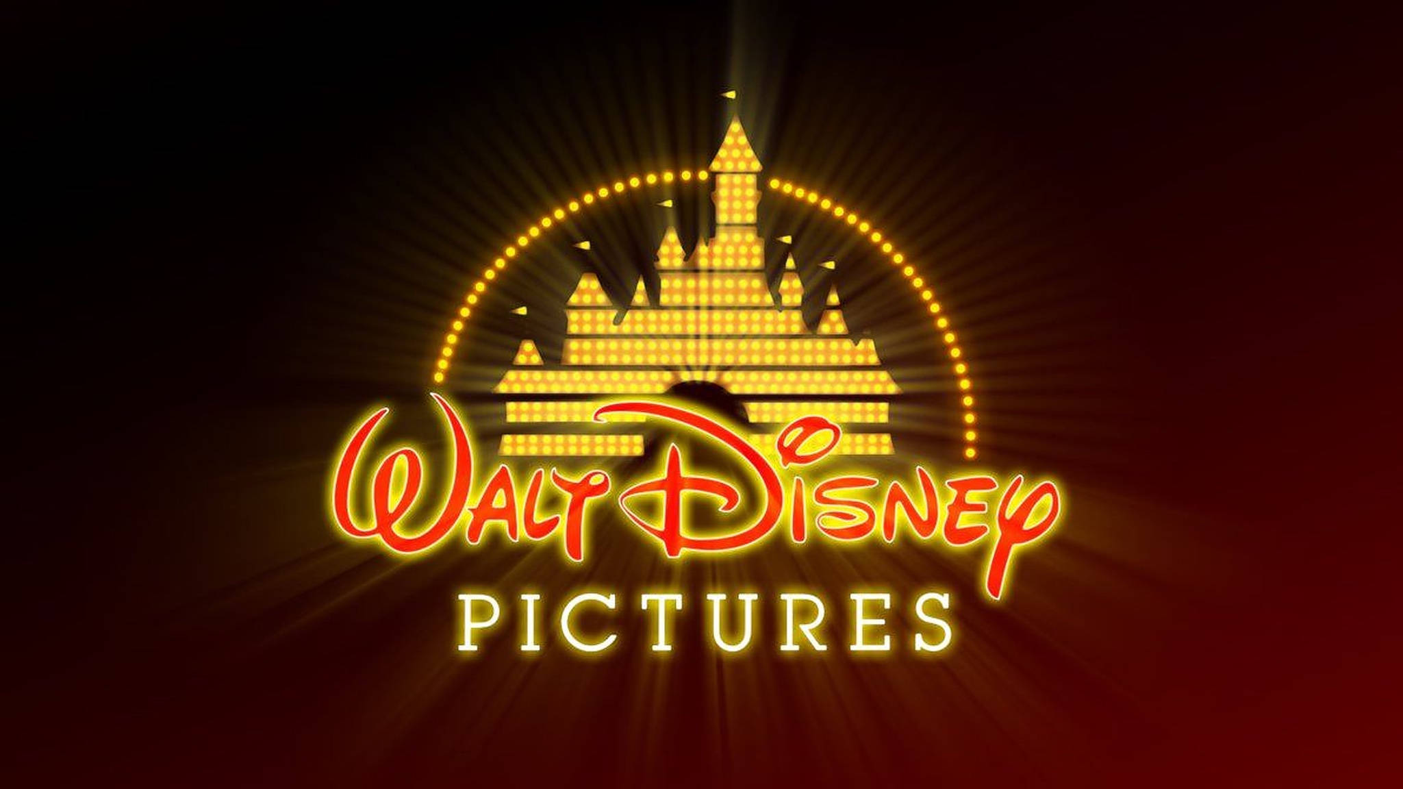Disney Logo 桌布 壁紙 — 一個發光的金色城堡標誌，帶有耀眼的光束，背景為深紅色漸變。
