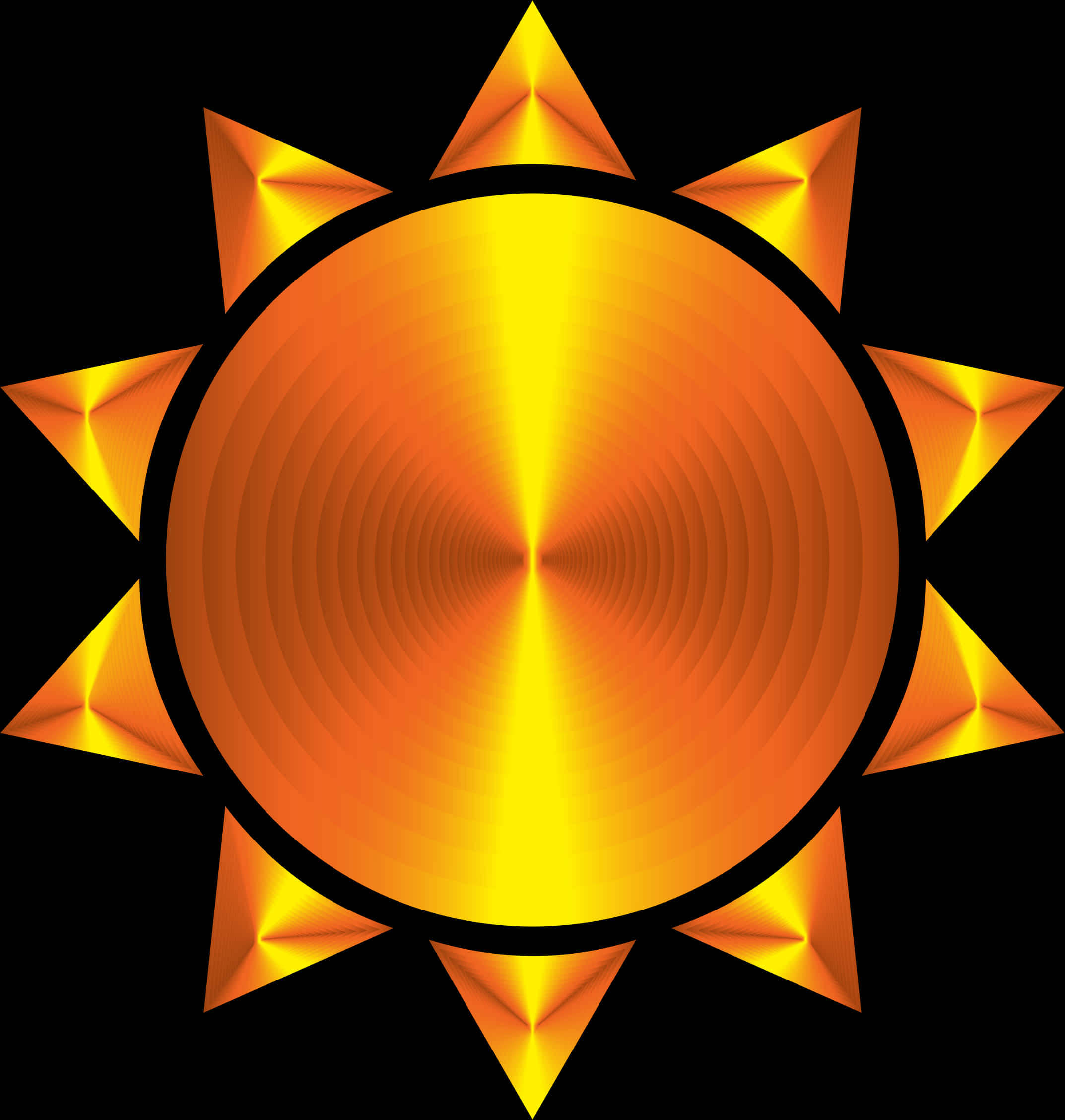 太陽 桌布 壁紙 — 一個發光的金色太陽，帶有幾何光線和同心發光環，背景為黑色。
