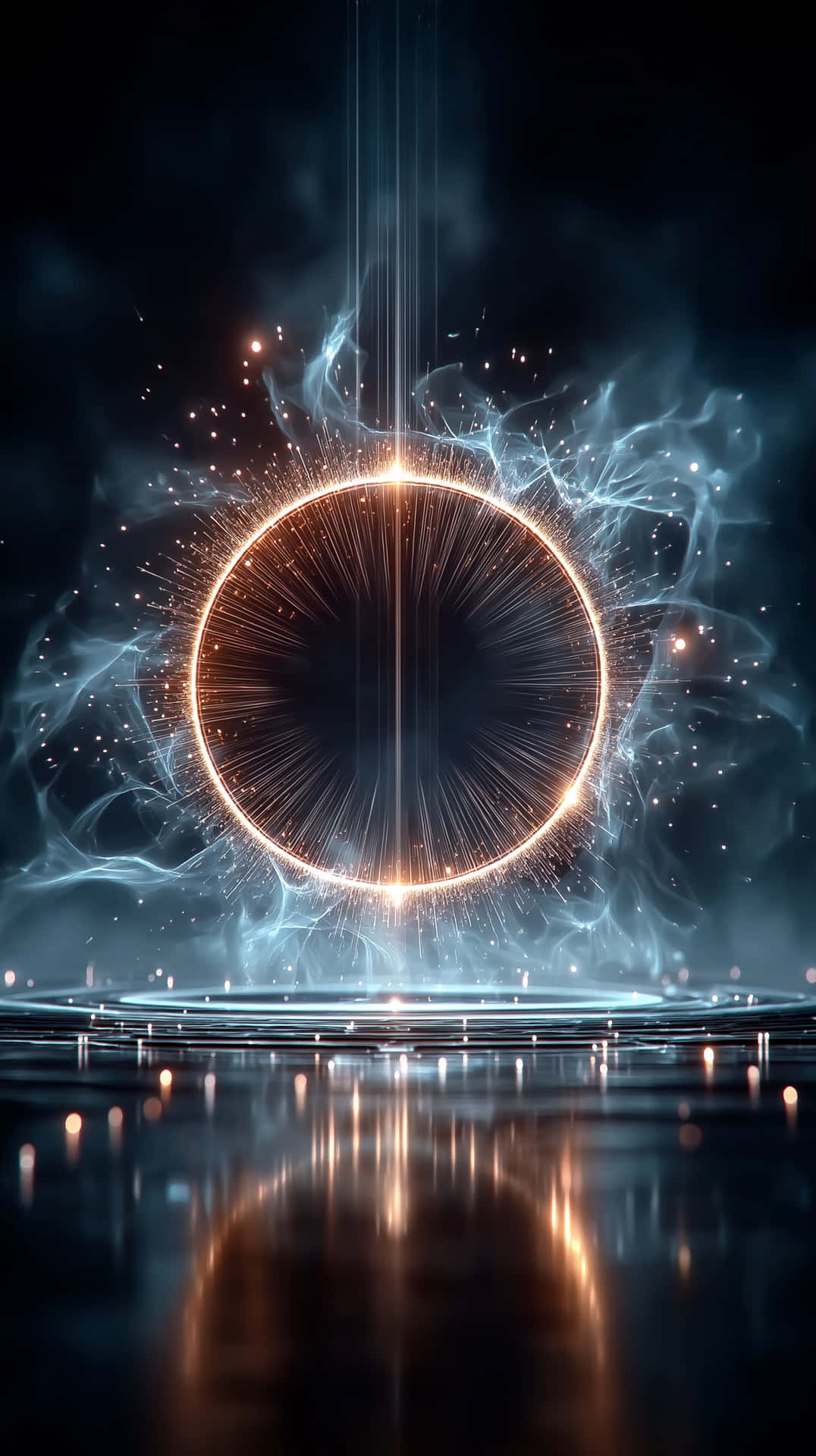 Cosmic Gateway 壁紙 — 一個發光的金色戒指在黑暗的宇宙背景下散發出光和火花，伴隨著旋轉的藍色能量和下方的反射表面。