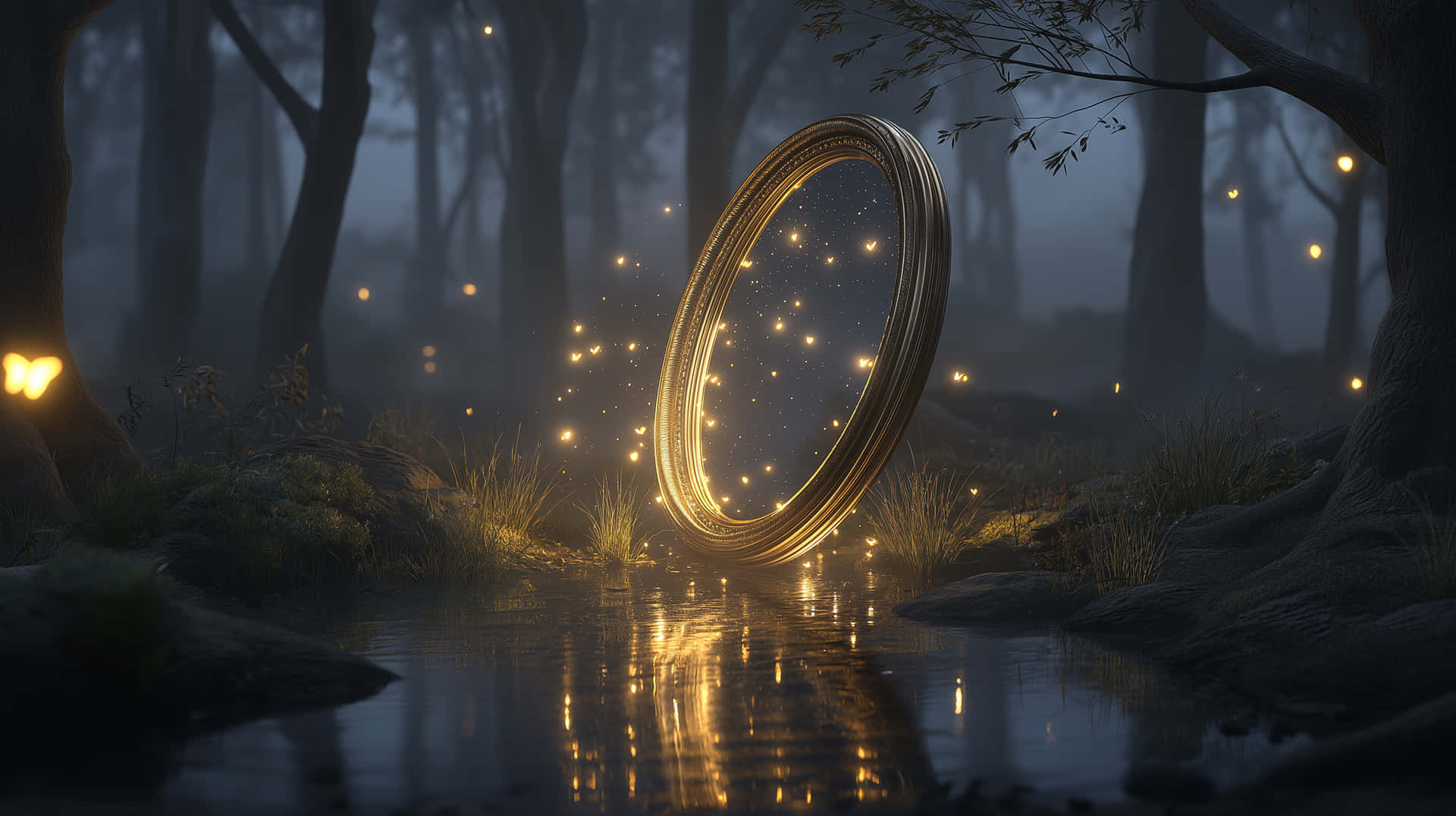 Ancient Glimmering Portal in a Mystical Forest Stream 壁紙 — 一個發光的金色戒指漂浮在霧氣瀰漫的森林小徑上，水面倒映著閃爍的光點和幽暗的樹木。