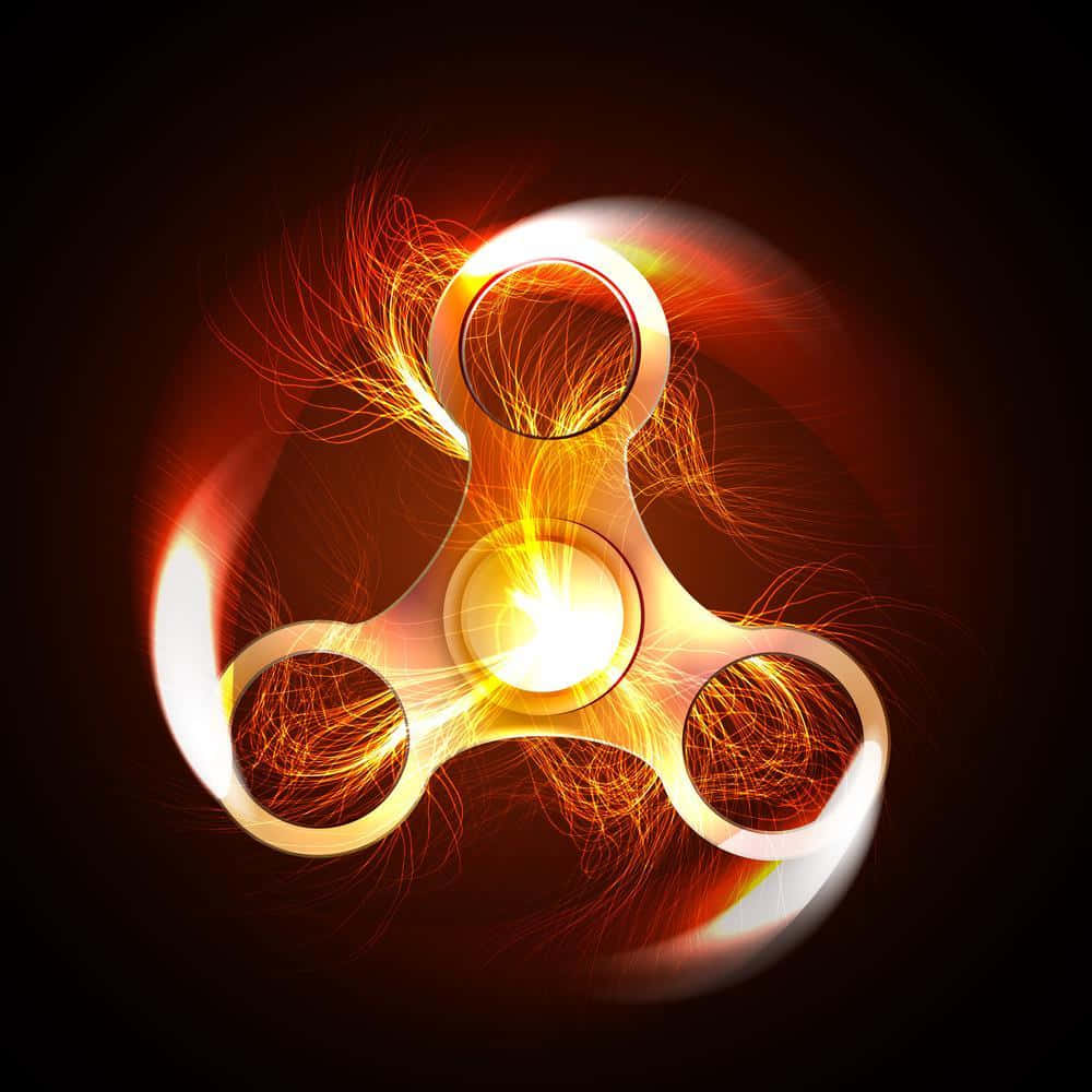 Fidget 桌布 壁紙 — 一個發光的金色指尖陀螺在黑暗背景上旋轉，散發出火熱的橙色火花和耀眼的光跡。