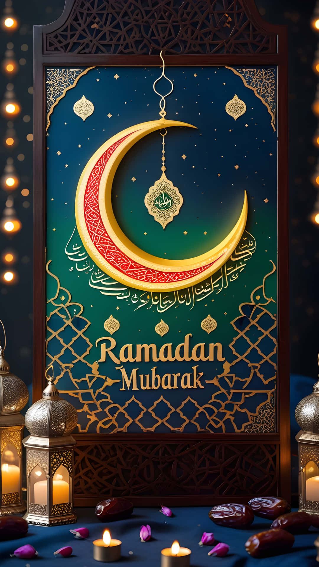 Ramadan Mobarak 壁紙 — 一個發光的金色新月懸掛在一個華麗的伊斯蘭風格面板上方，面板上寫有「Ramadan Mubarak」字樣，周圍環繞著點亮的燈籠和散落的椰棗。