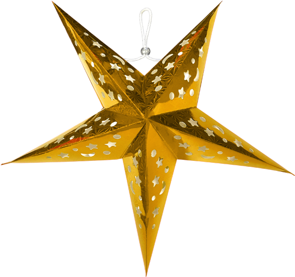 Golden Star 桌布 壁紙 — 一個發光的金色星星燈籠，帶有星星形狀的鏤空，懸掛在黑色背景上。
