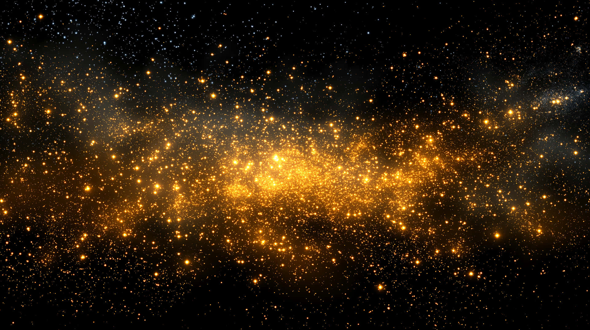 Cosmic Glittering Dust: Shimmering Stars in the Galaxy 壁紙 — 一個發光的金色星系在深邃的黑色宇宙中旋轉，點綴著閃爍的星星。