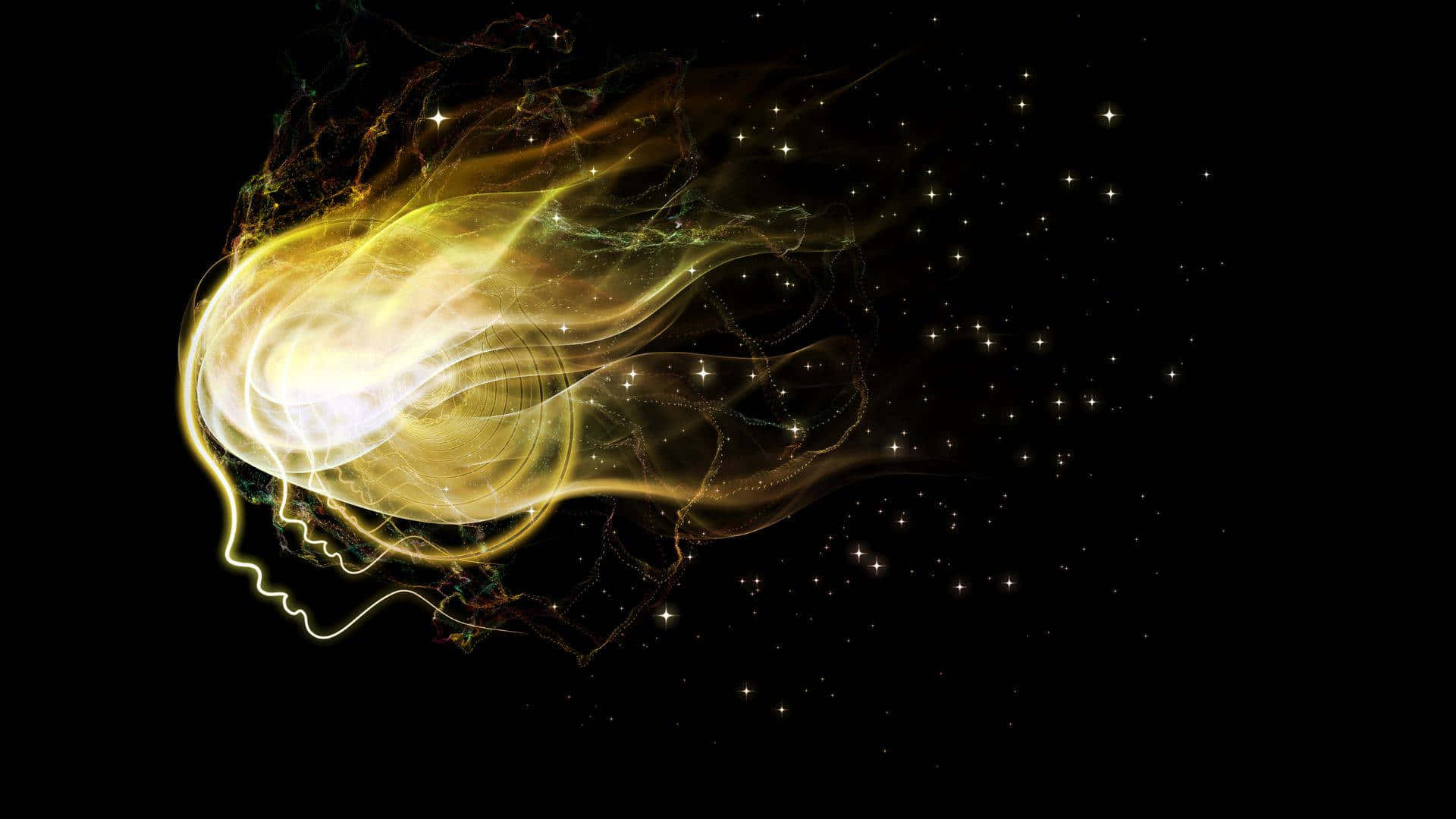 靈魂 桌布 壁紙 — 一個發光的金色星雲從人形剪影中旋轉而出，背景是繁星點點的黑色虛空。