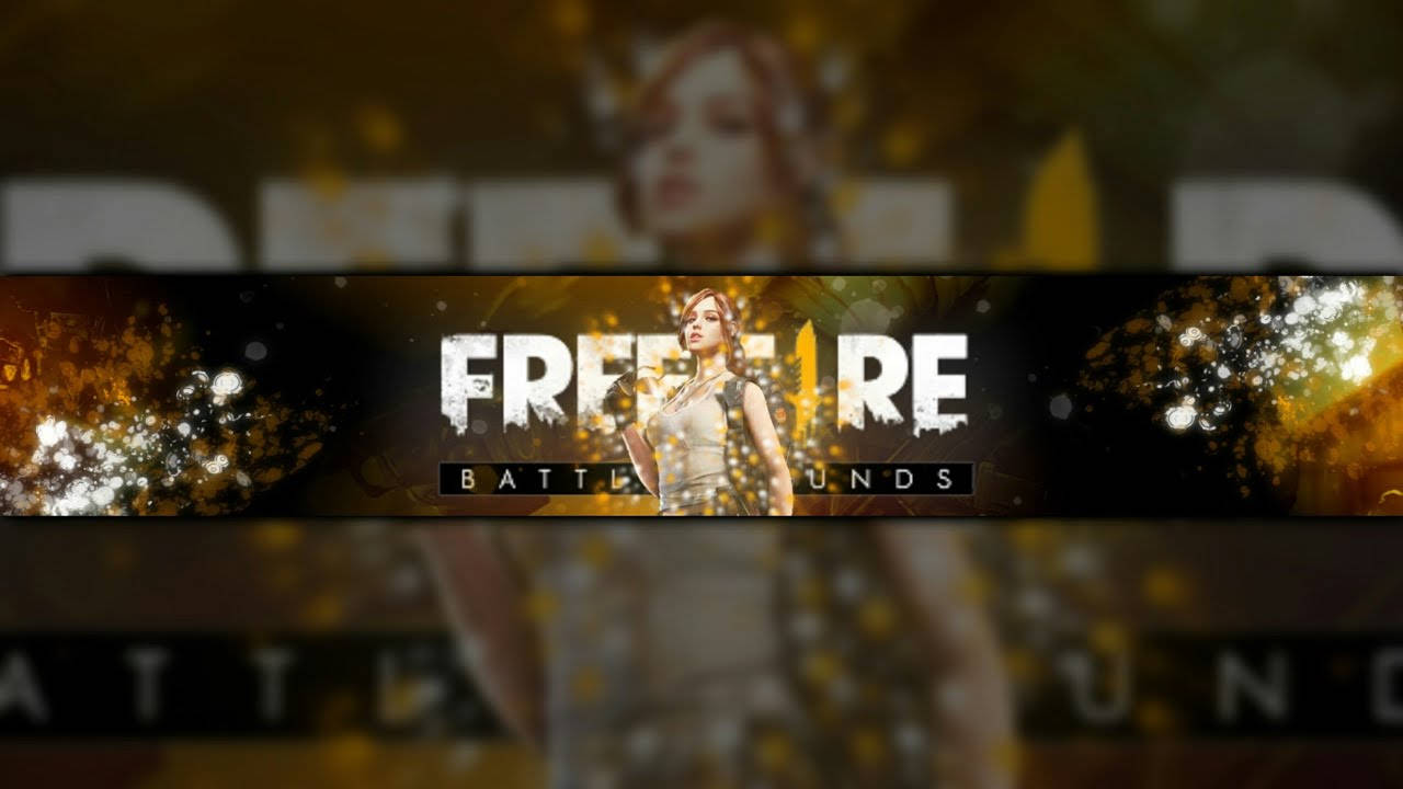 free fire banner 桌布 壁紙 — 一個發光的金色橫幅，用於Free Fire Battlegrounds，特點是女性角色、火焰粒子及模糊背景元素。