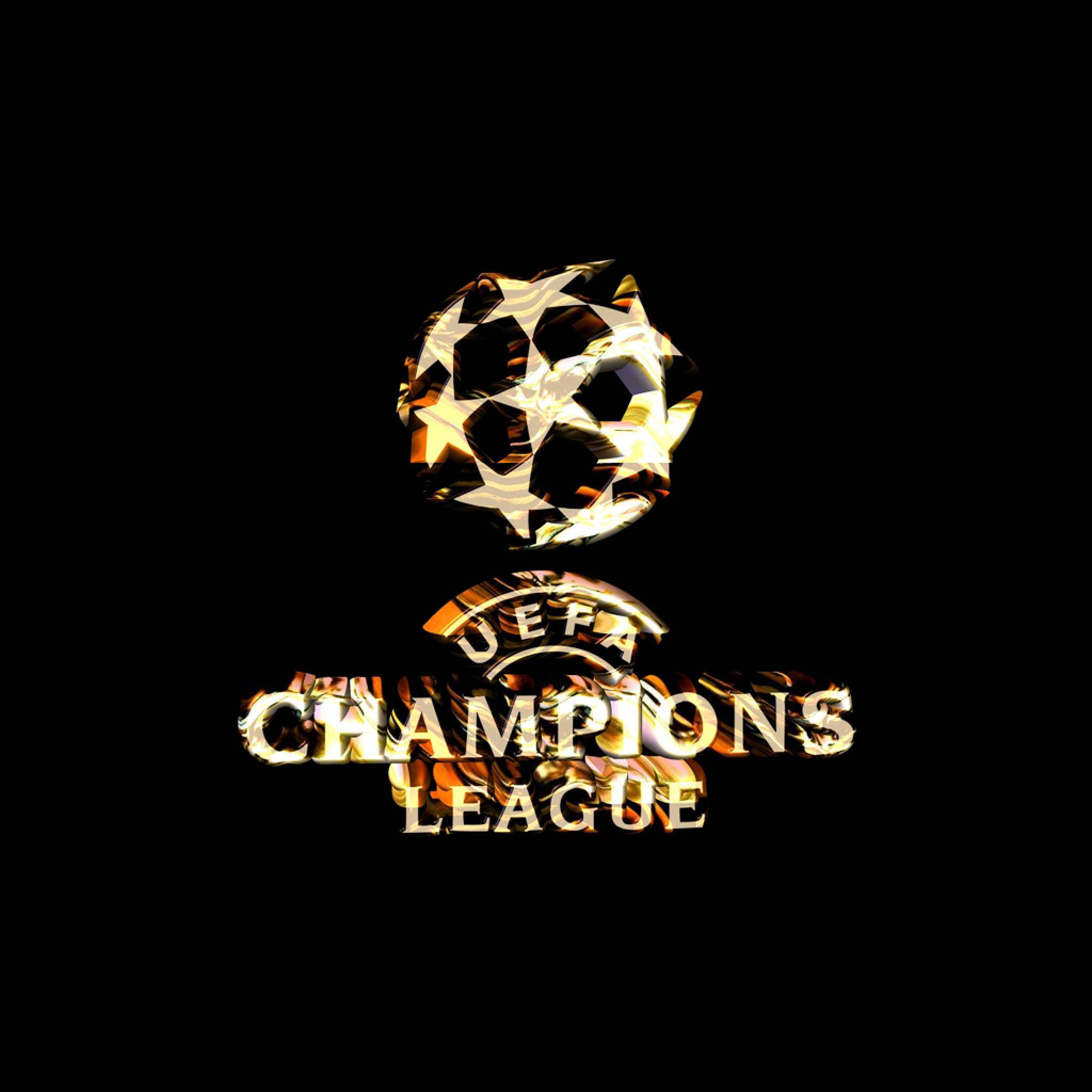 Uefa 桌布 壁紙 — 一個發光的金色歐冠獎盃標誌，上面有一個星光閃閃的足球，背景為黑色。