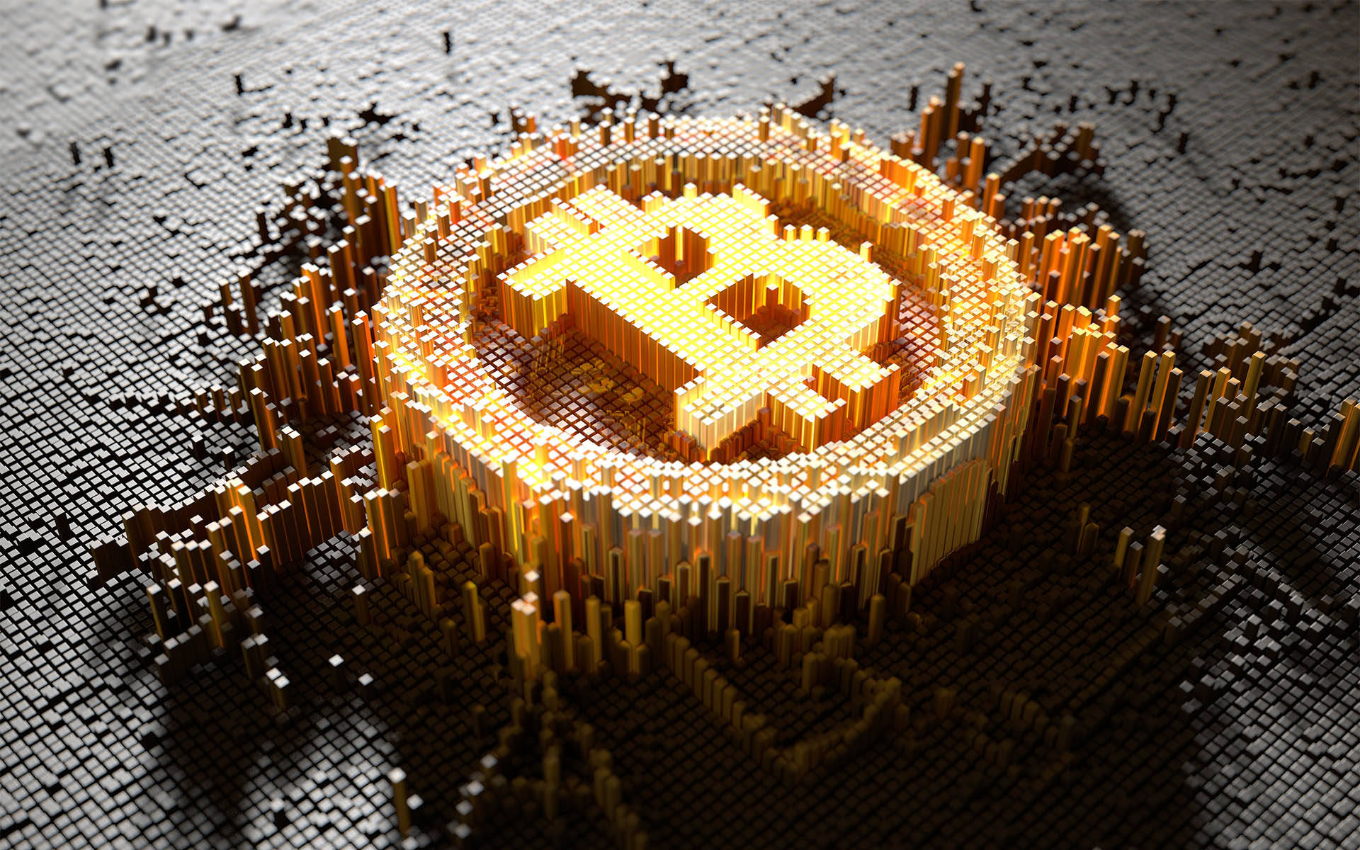 Bitcoin 桌布 壁紙 — 一個發光的金色比特幣標誌從黑暗的像素化表面升起，猶如一座數位紀念碑。