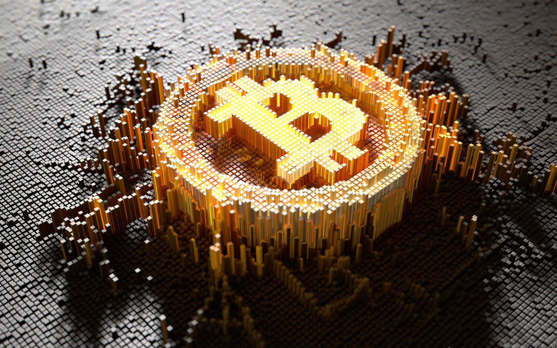 Cryptocurrency 桌布 壁紙 — 一個發光的金色比特幣標誌從黑暗的像素化表面升起，光芒四射，投下銳利的陰影。