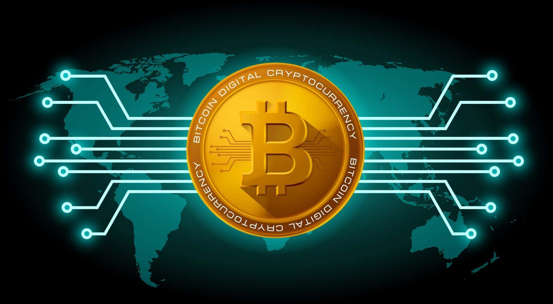 比特幣 桌布 壁紙 — 一個發光的金色比特幣硬幣，位於藍綠色世界地圖中央，並有發光的電路線向外輻射。