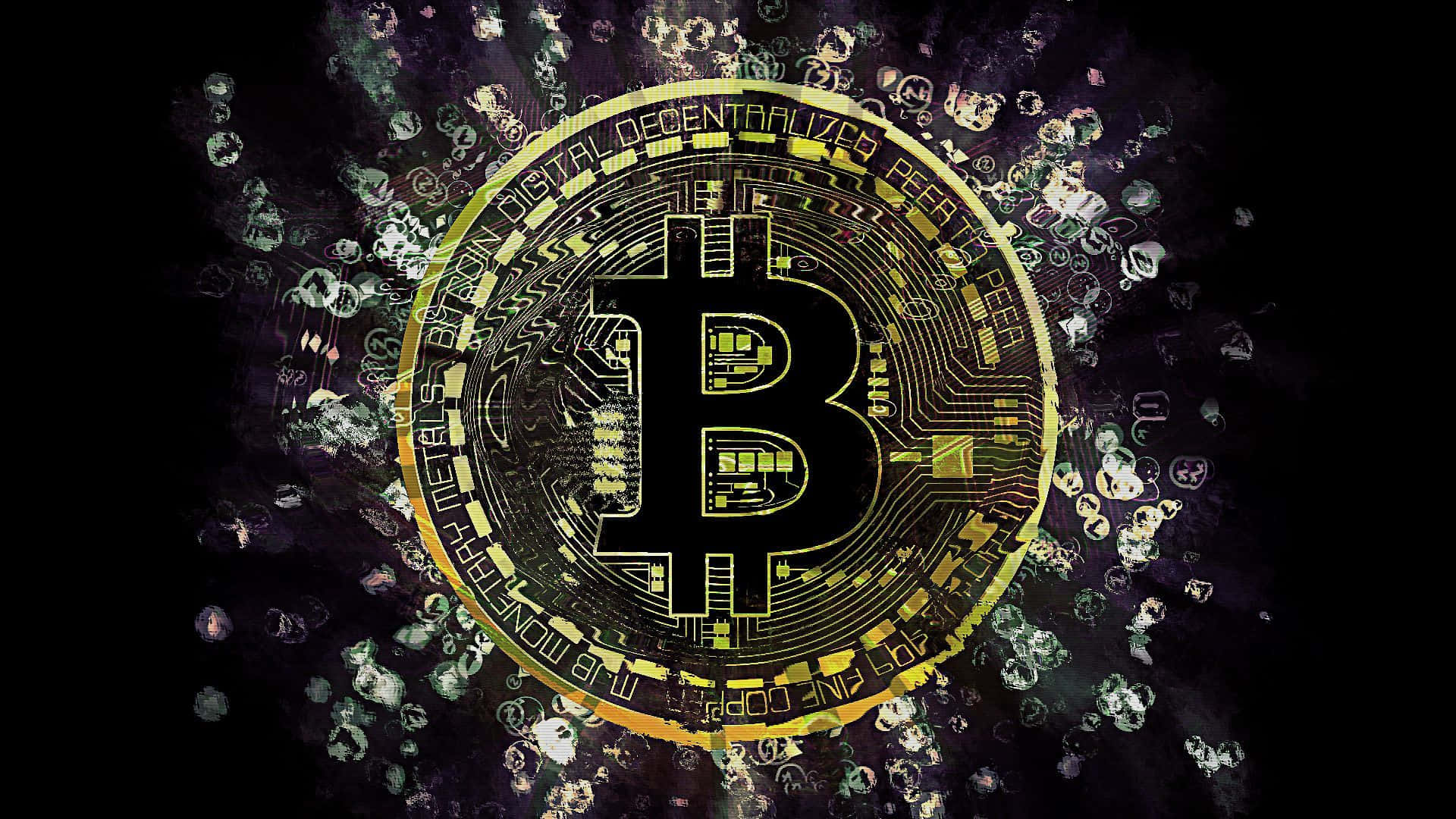 比特幣 桌布 壁紙 — 一個發光的金色比特幣符號，帶有電路板細節，在黑暗背景上漂浮的數字碎片中浮動。