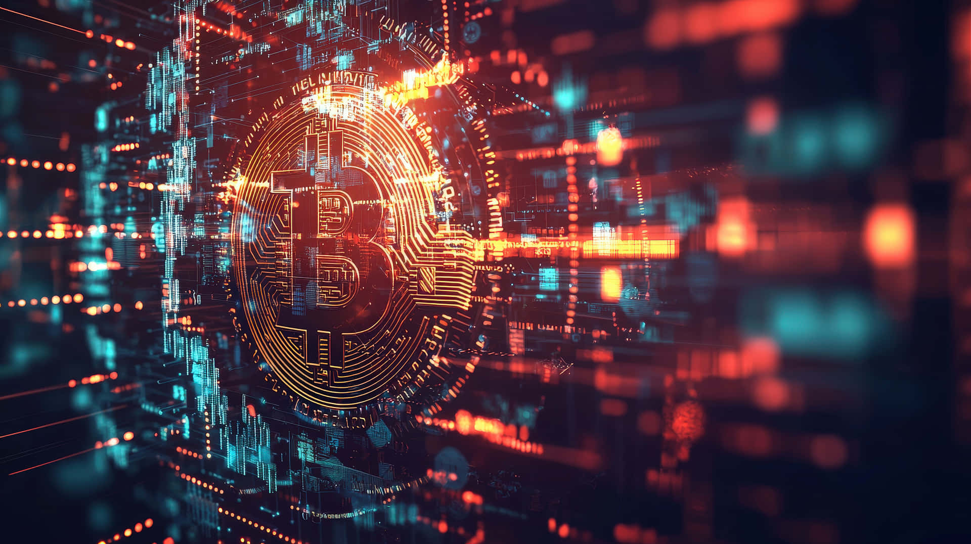 Futuristic Bitcoin digital currency concept art 壁紙 — 一個發光的金色比特幣符號在充滿活力的數位網路中心脈動，帶有紅色和藍綠色的電路和數據流。