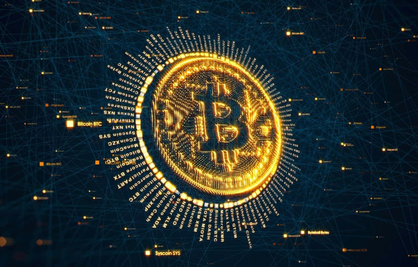4K Bitcoin 桌布 壁紙 — 一個發光的金色比特幣符號在深藍色科技網絡背景上散發出數位連接。