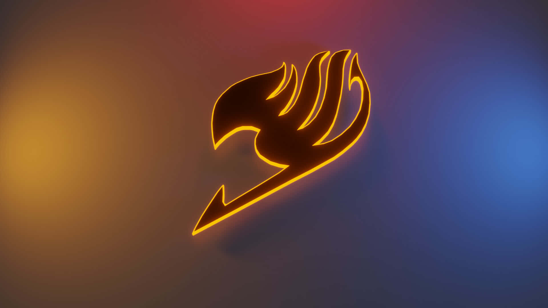 Fairy Tail Logo 桌布 壁紙 — 一個發光的金色火焰標誌，以霓虹燈勾勒輪廓，背景為暖黃色和冷藍色的漸變。