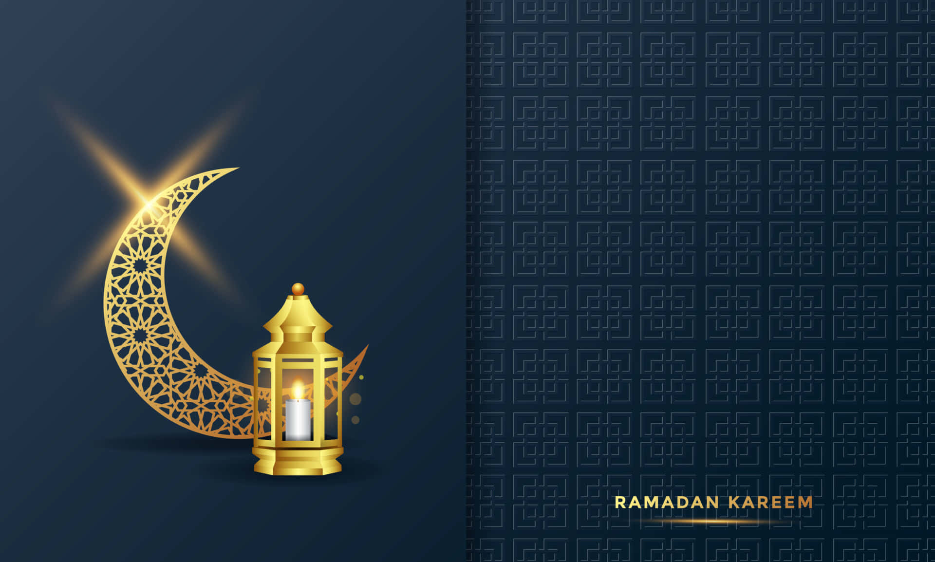 Ramadan 桌布 壁紙 — 一個發光的金色燈籠和帶有複雜圖案的新月在深藍色幾何紋理背景上閃耀。