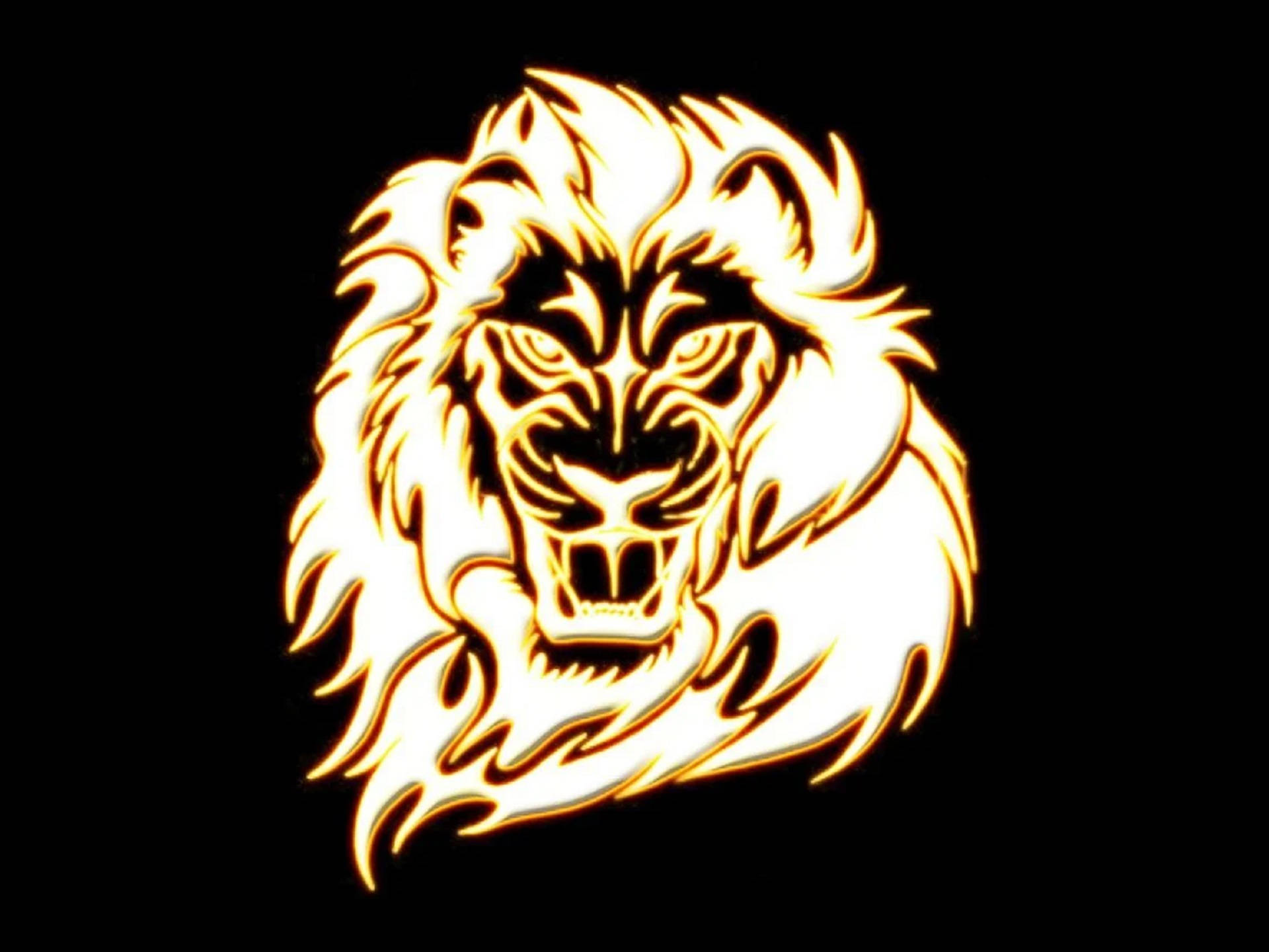 Lion Head 桌布 壁紙 — 一個發光的金色獅子頭，帶有火焰般的鬃毛，在純黑背景上散發力量。