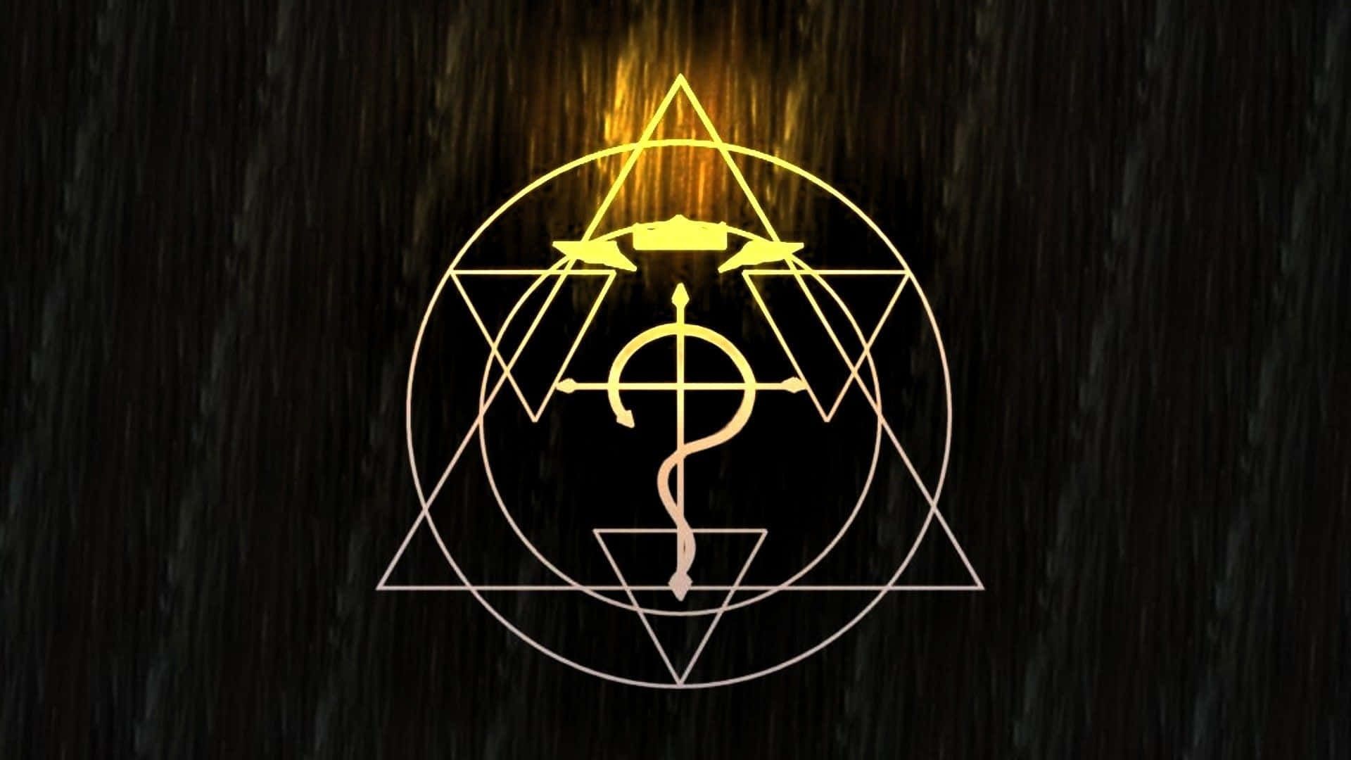 Fullmetal Alchemist 桌布 壁紙 — 一個發光的金色神秘符號，帶有三角形和權杖，在深色紋理背景上散發光芒。